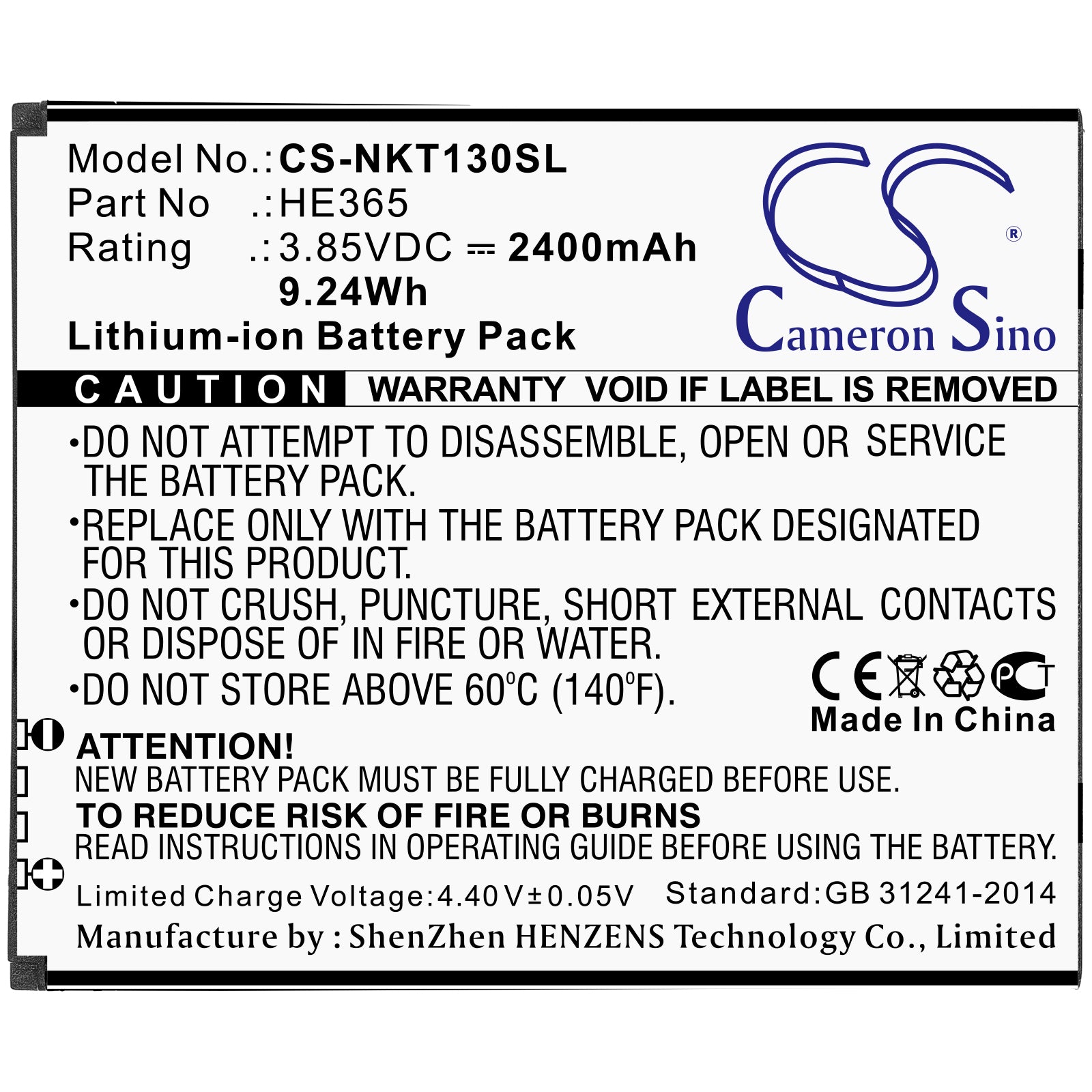 Li-ion Battery fits Nokia, He365 3.85V, 2400mAh Mobile & SmartPhone Cameron Sino Technology Limited