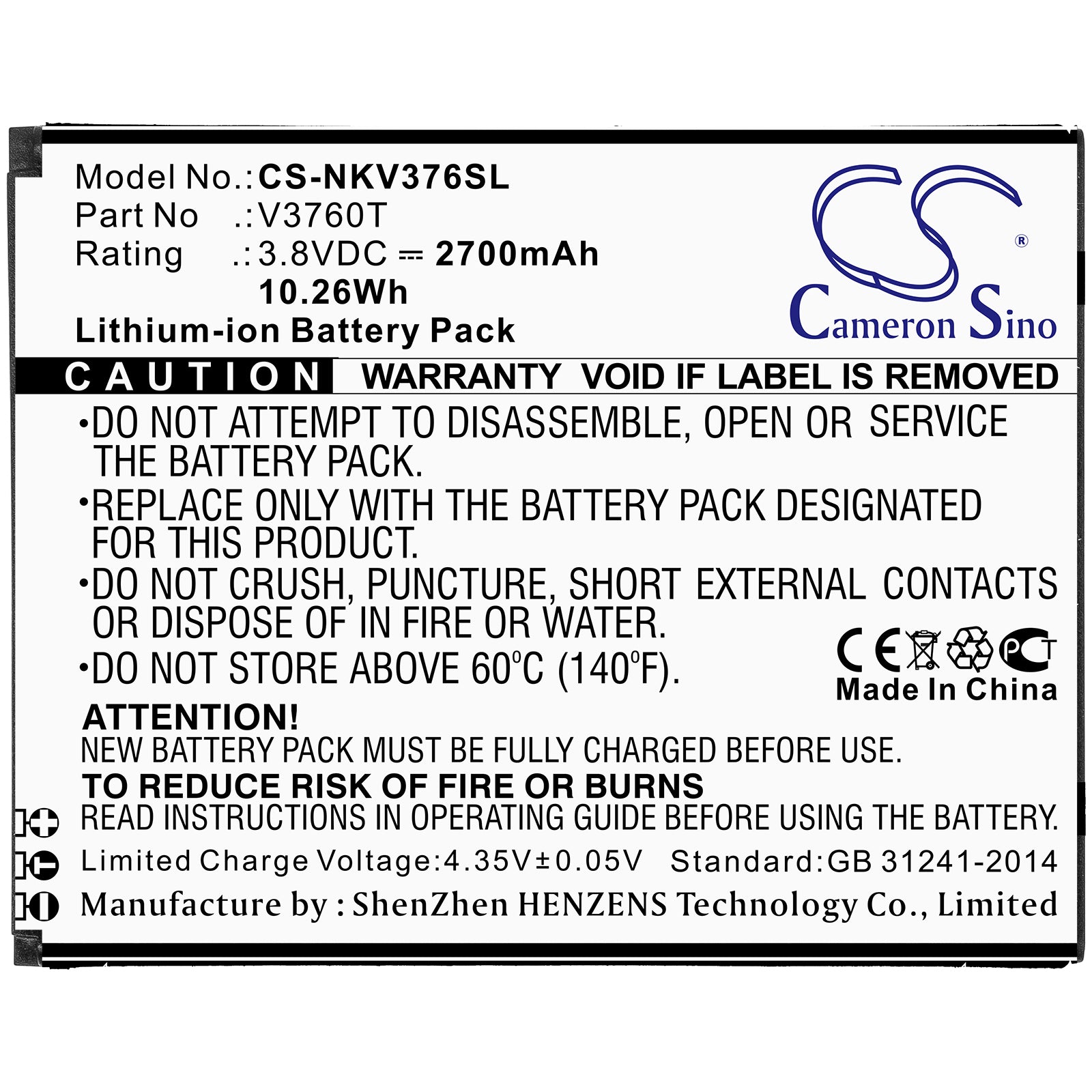 Li-ion Battery fits Nokia, V3760t 3.8V, 2700mAh Mobile & SmartPhone Cameron Sino Technology Limited