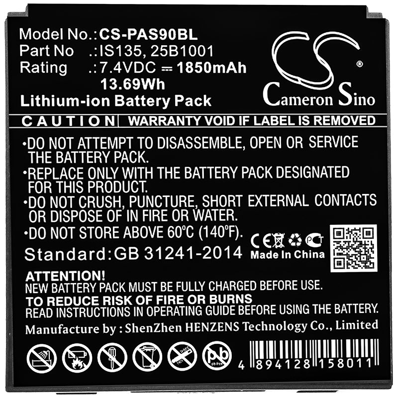Li-ion Battery fits Pax, 25b1001, Is135 7.4V, 1850mAh Payment Terminal Cameron Sino Technology Limited