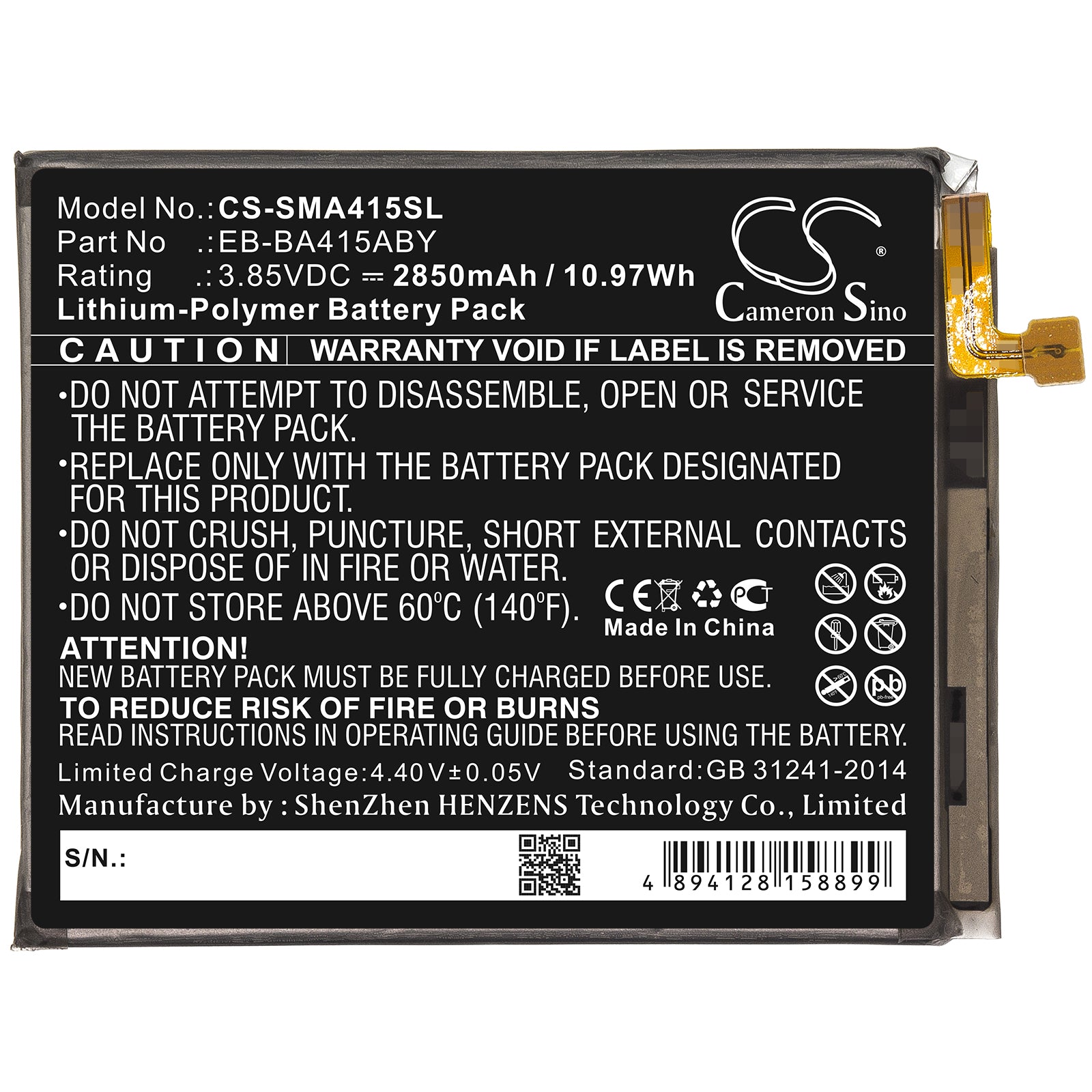 Li-Polymer Battery fits Samsung, Eb-ba415aby, Gh82-22861a 3.85V, 2850mAh Mobile & SmartPhone Cameron Sino Technology Limited