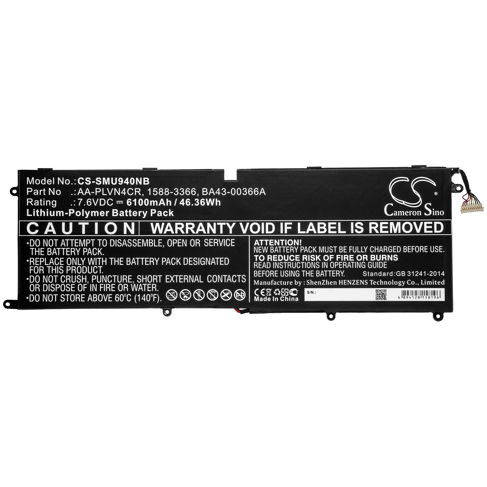 Li-Polymer Battery fits Samsung, 1588-3366, Aa-plvn4cr, Ba43-00366a 7.6V, 6100mAh Notebook & Laptop Cameron Sino Technology Limited