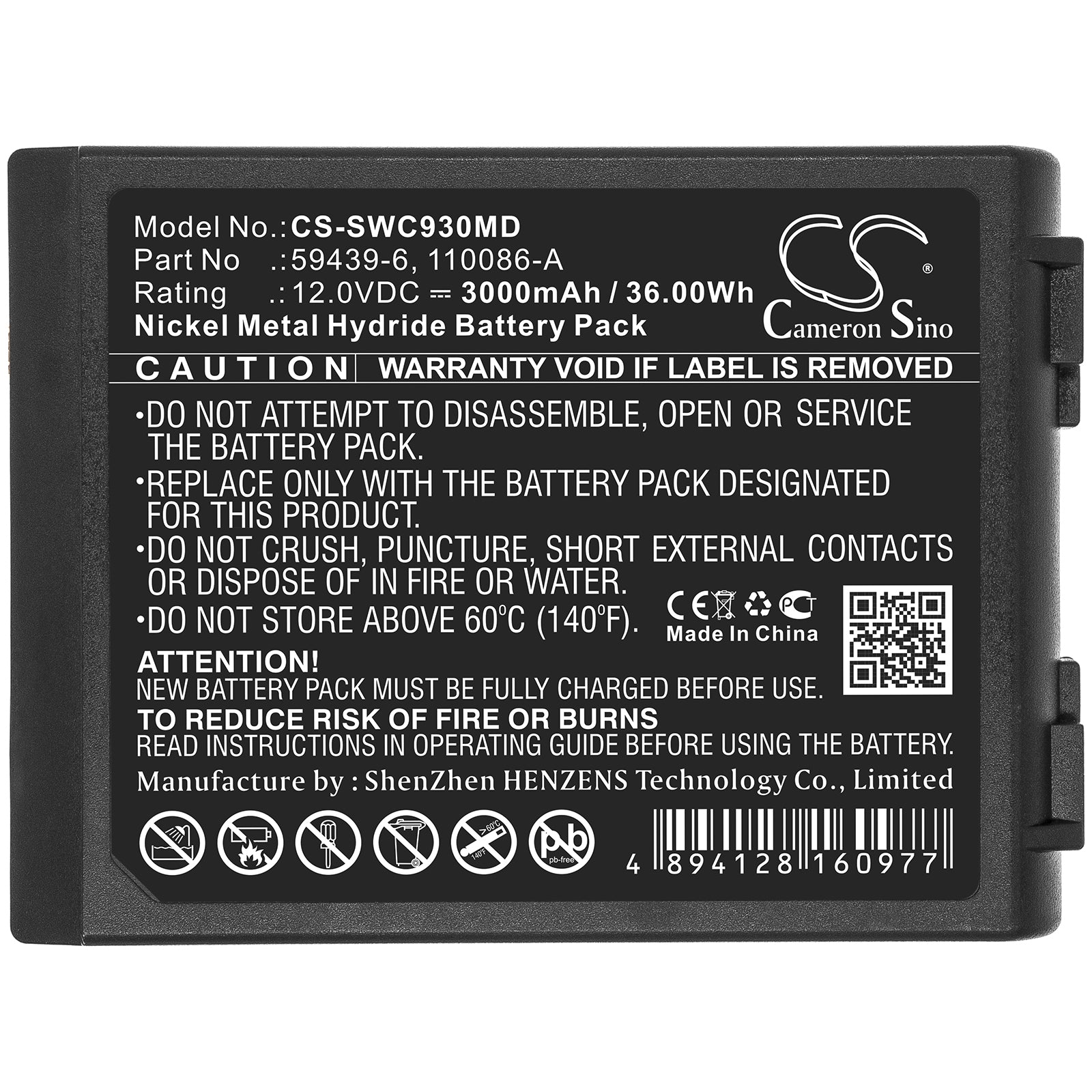 Ni-MH Battery fits Simonson-wheel, 110086-a, 59439-6 12.0V, 3000mAh Medical Cameron Sino Technology Limited