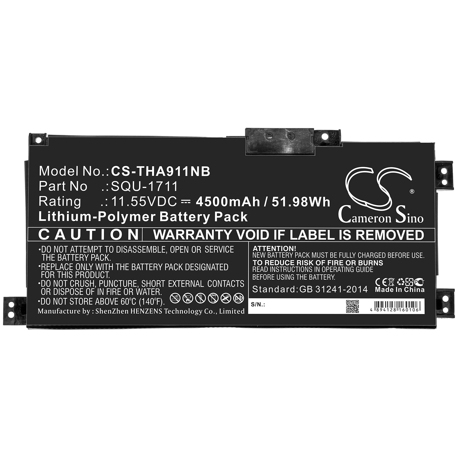 Li-Polymer Battery fits Thunderobot, Squ-1711 11.55V, 4500mAh Notebook & Laptop Cameron Sino Technology Limited