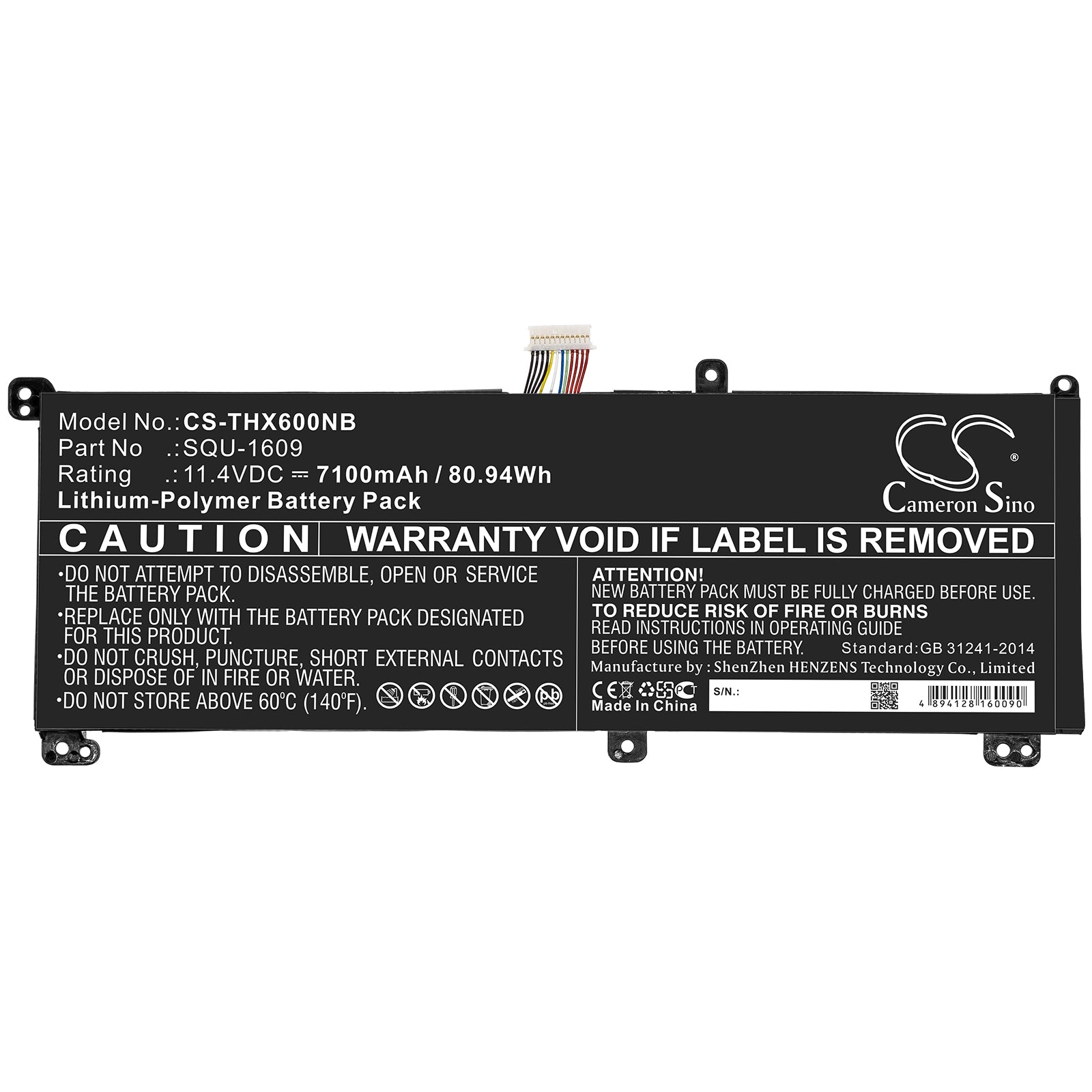 Li-Polymer Battery fits Schenker, Squ-1609, Thunderobot, Squ-1609 11.4V, 7100mAh Notebook & Laptop Cameron Sino Technology Limited