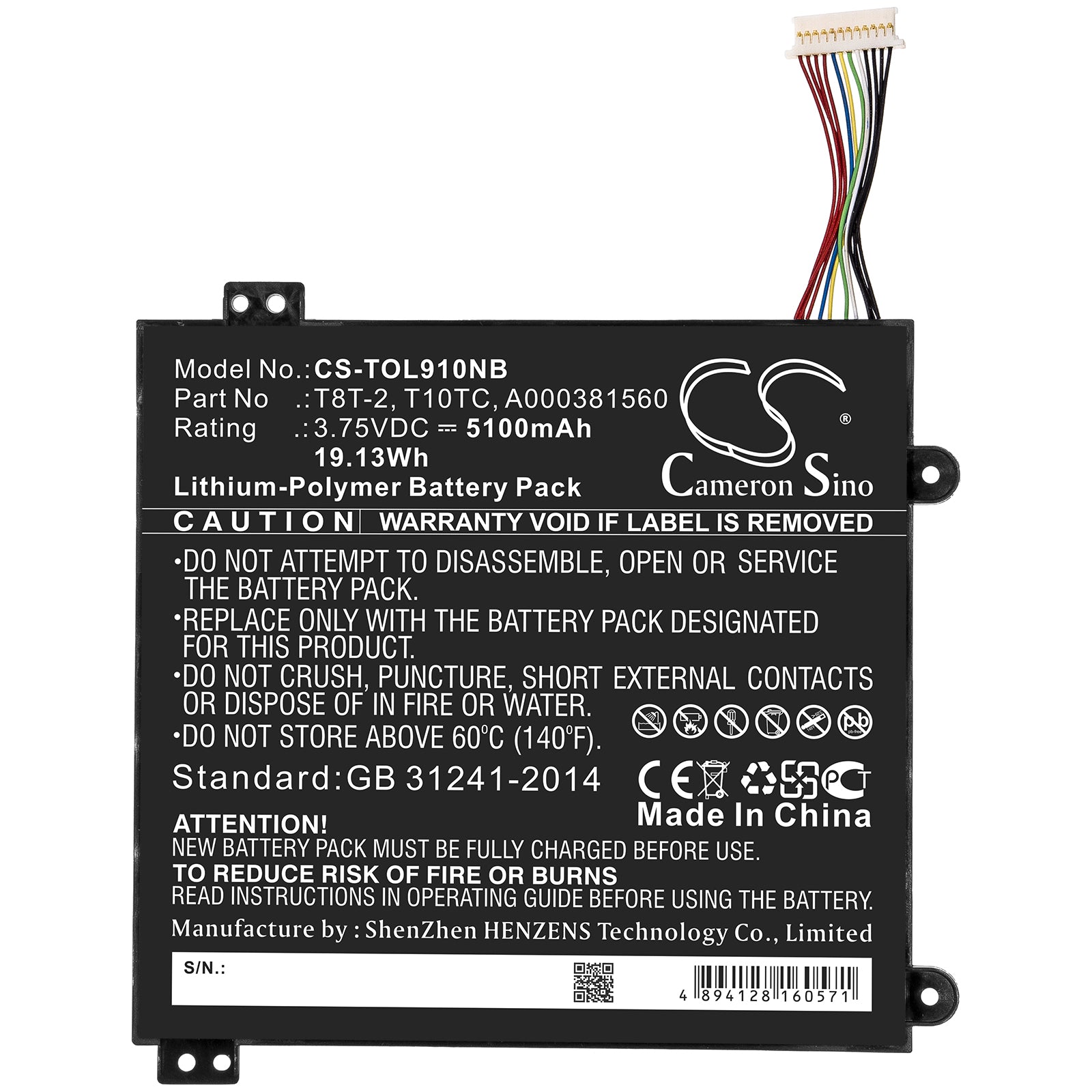 Li-Polymer Battery fits Toshiba, A000381560, T10tc, T8t-2 3.75V, 5100mAh Notebook & Laptop Cameron Sino Technology Limited