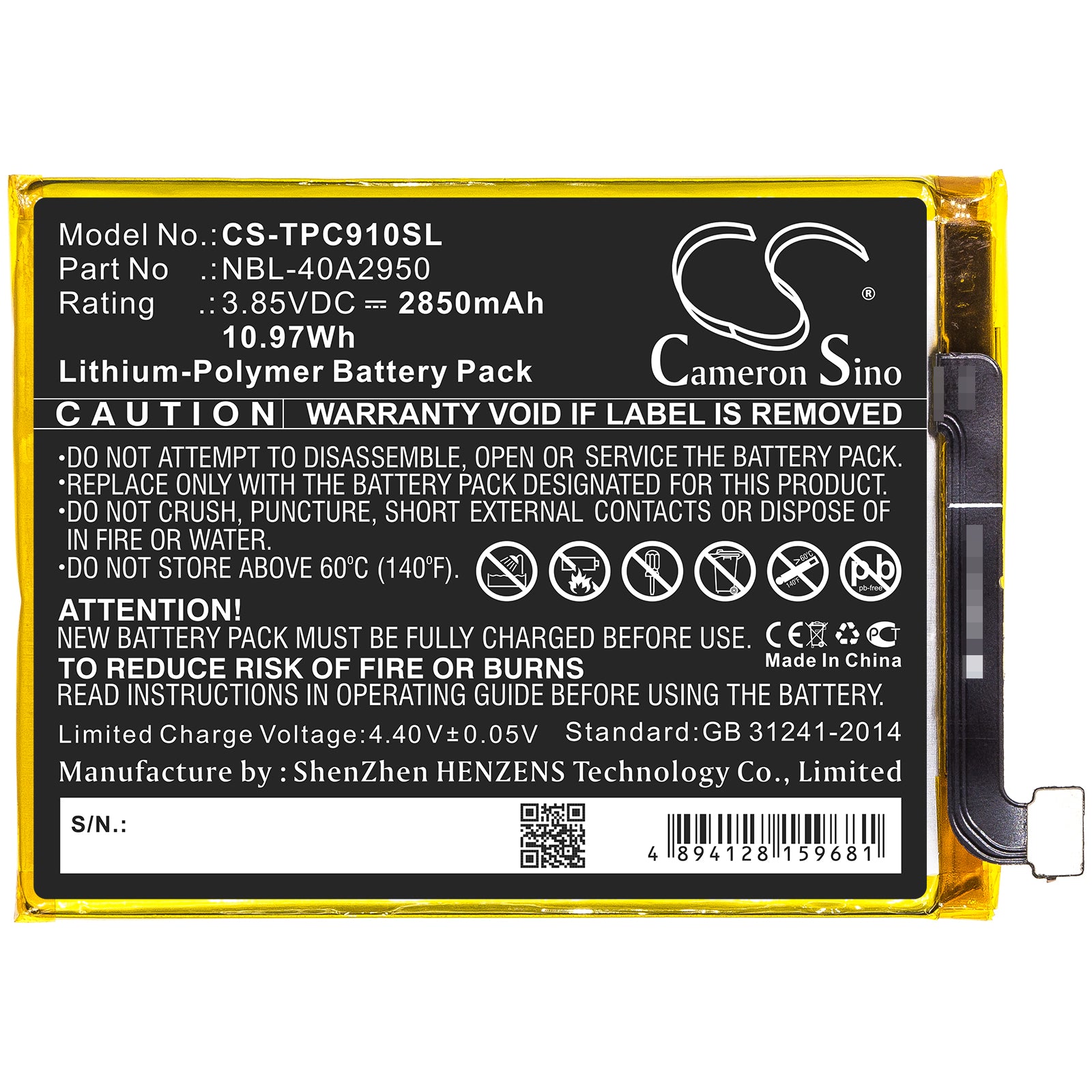 Li-Polymer Battery fits Neffos, Nbl-40a2950, Tp-link, Nbl-40a2950 3.85V, 2850mAh Mobile & SmartPhone Cameron Sino Technology Limited
