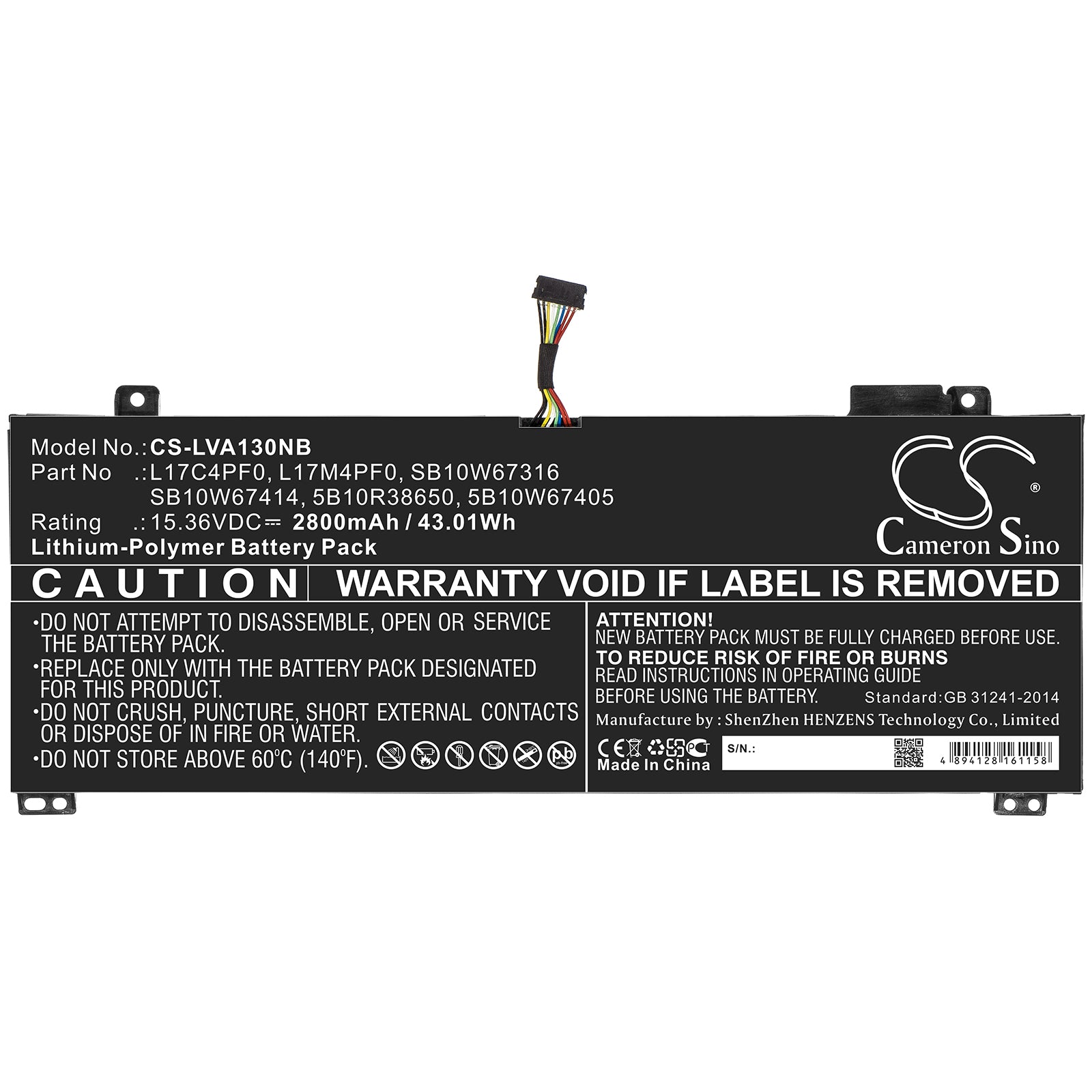Li-ion Battery fits Lenovo, 5b10r38650, 5b10w67405, L17c4pf0, L17m4pf0, Sb10w67316, Sb10w67414 15.36V, 2800mAh Notebook & Laptop Cameron Sino Technology Limited