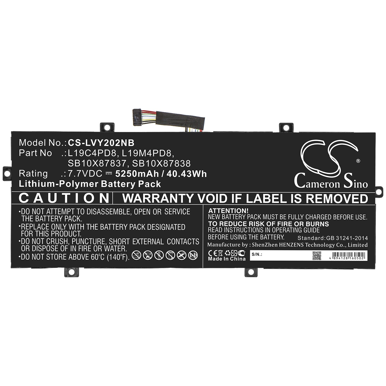 Li-ion Battery fits Lenovo, L19c4pd8, L19m4pd8, Sb10x87837, Sb10x87838 7.7V, 5250mAh Notebook & Laptop Cameron Sino Technology Limited
