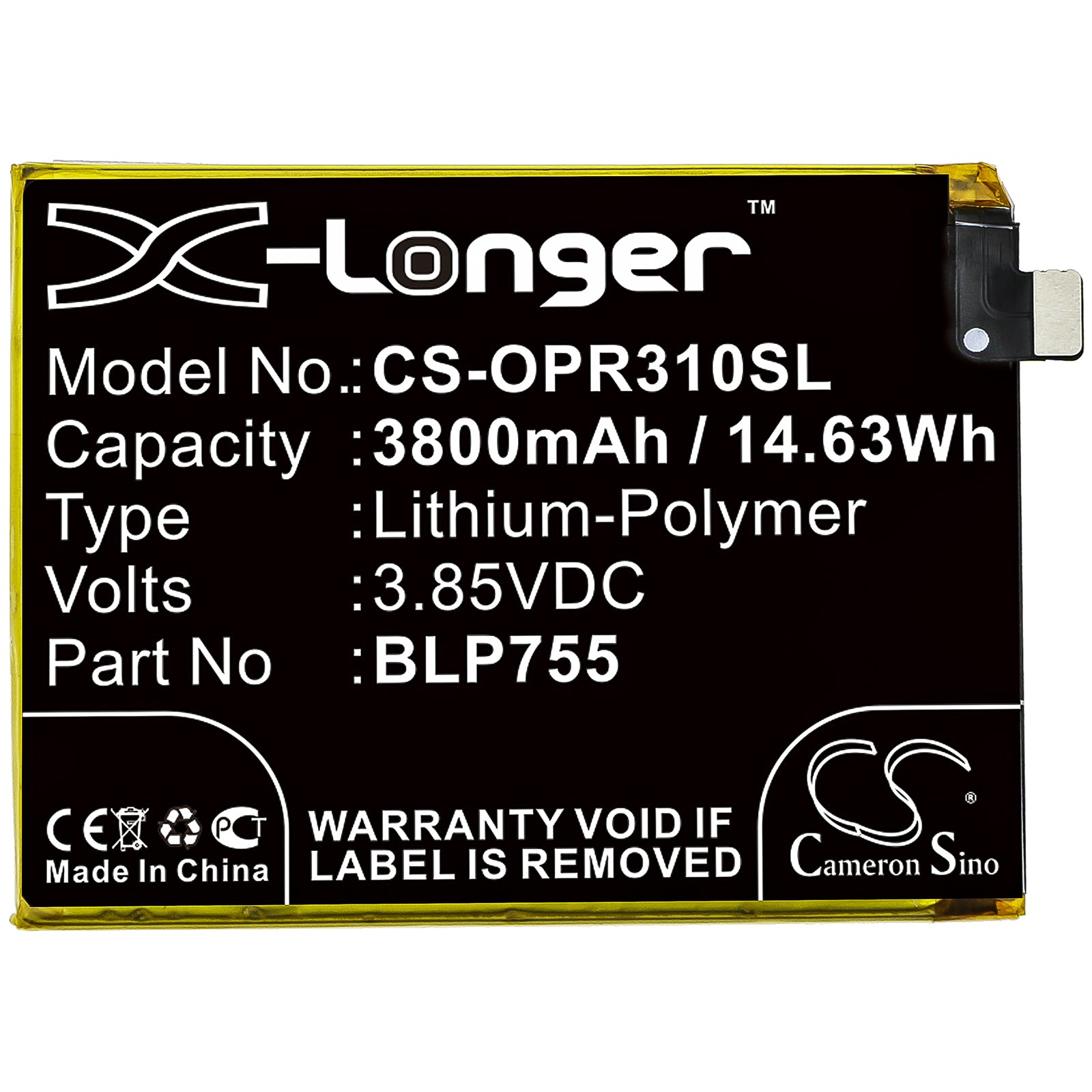 Li-Polymer Battery fits Oppo, Blp755 3.85V, 3950mAh Mobile & SmartPhone Cameron Sino Technology Limited