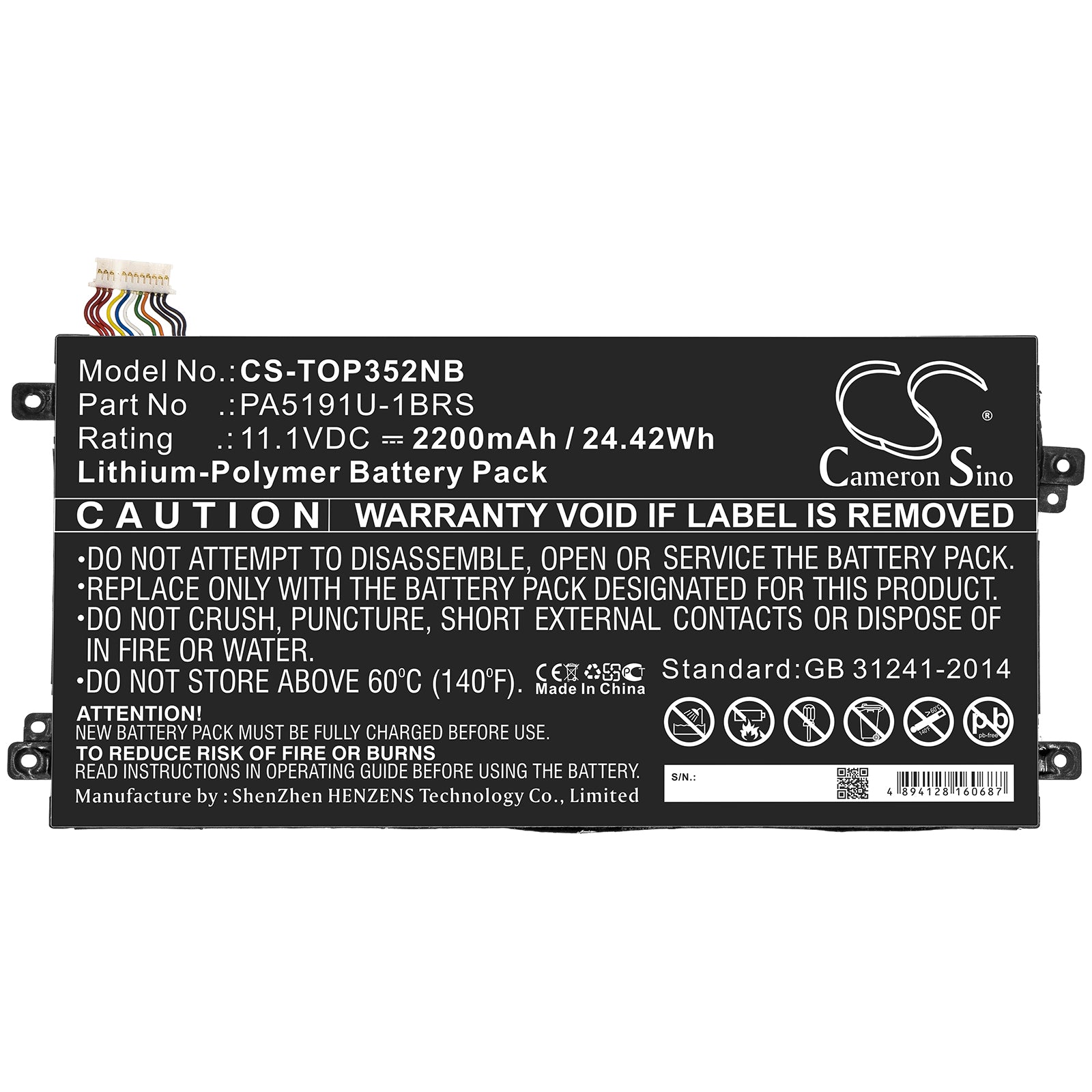Li-ion Battery fits Toshiba, Pa5191u-1brs 11.1V, 2200mAh Notebook & Laptop Cameron Sino Technology Limited