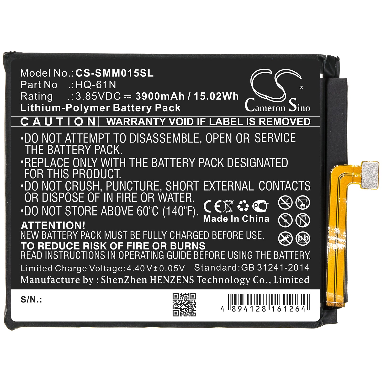 Li-Polymer Battery fits Samsung, Hq-61n 3.85V, 3900mAh Mobile & SmartPhone Cameron Sino Technology Limited