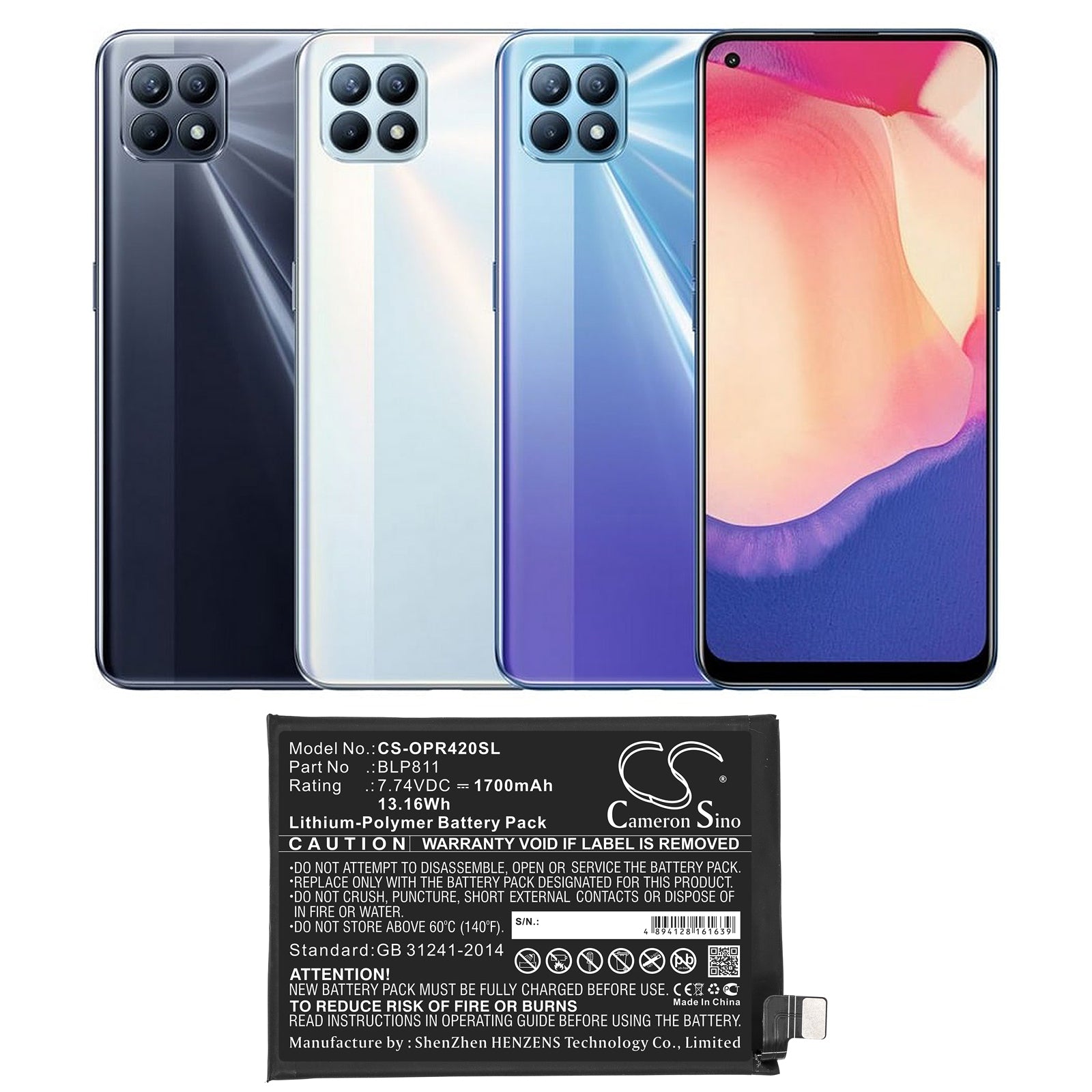 Li-Polymer Battery fits Oppo, Reno4 Se 7.74V, 1700mAh Mobile & SmartPhone Cameron Sino Technology Limited