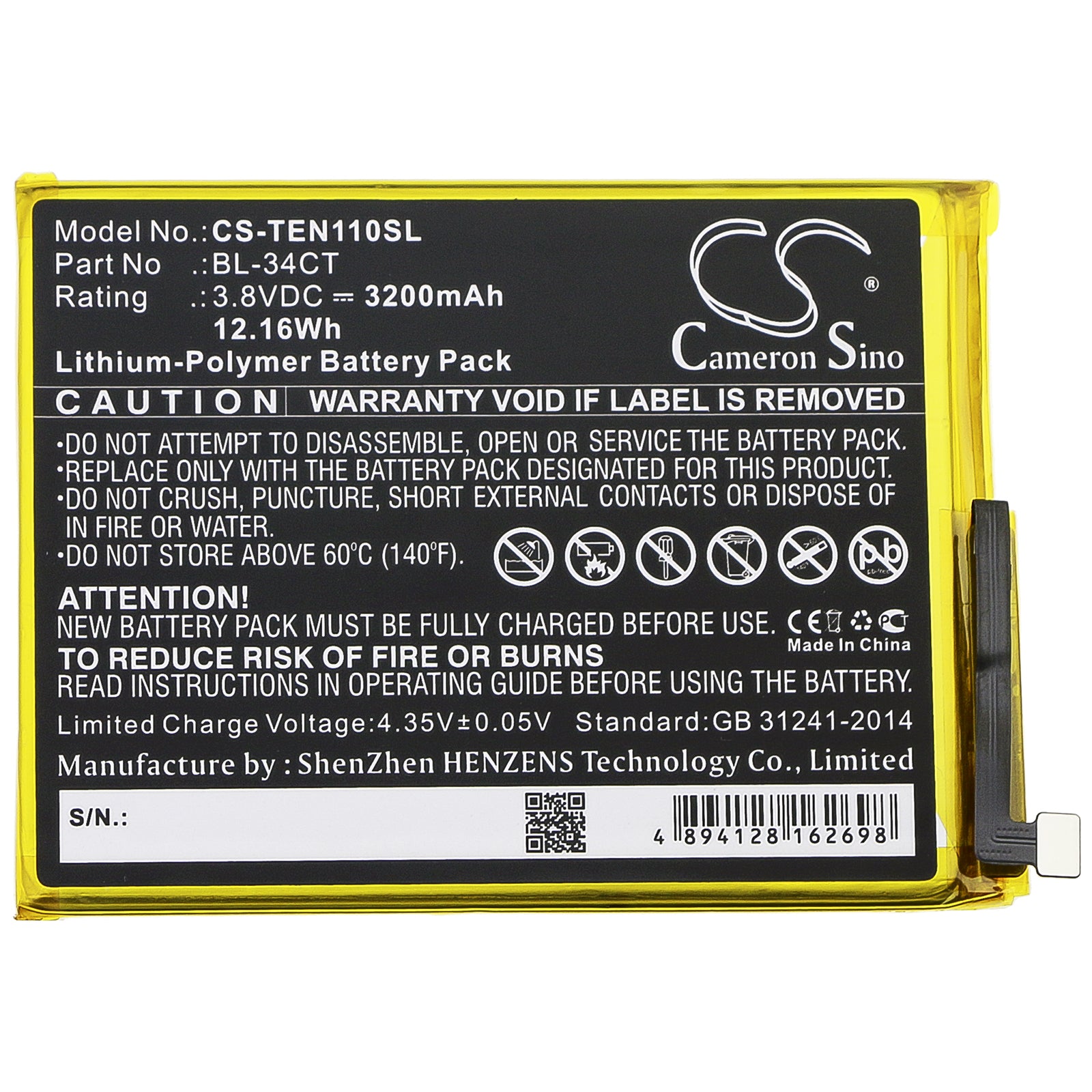 Li-Polymer Battery fits Tecno, Camon 11s, Camon I4 3.8V, 3200mAh Mobile & SmartPhone Cameron Sino Technology Limited