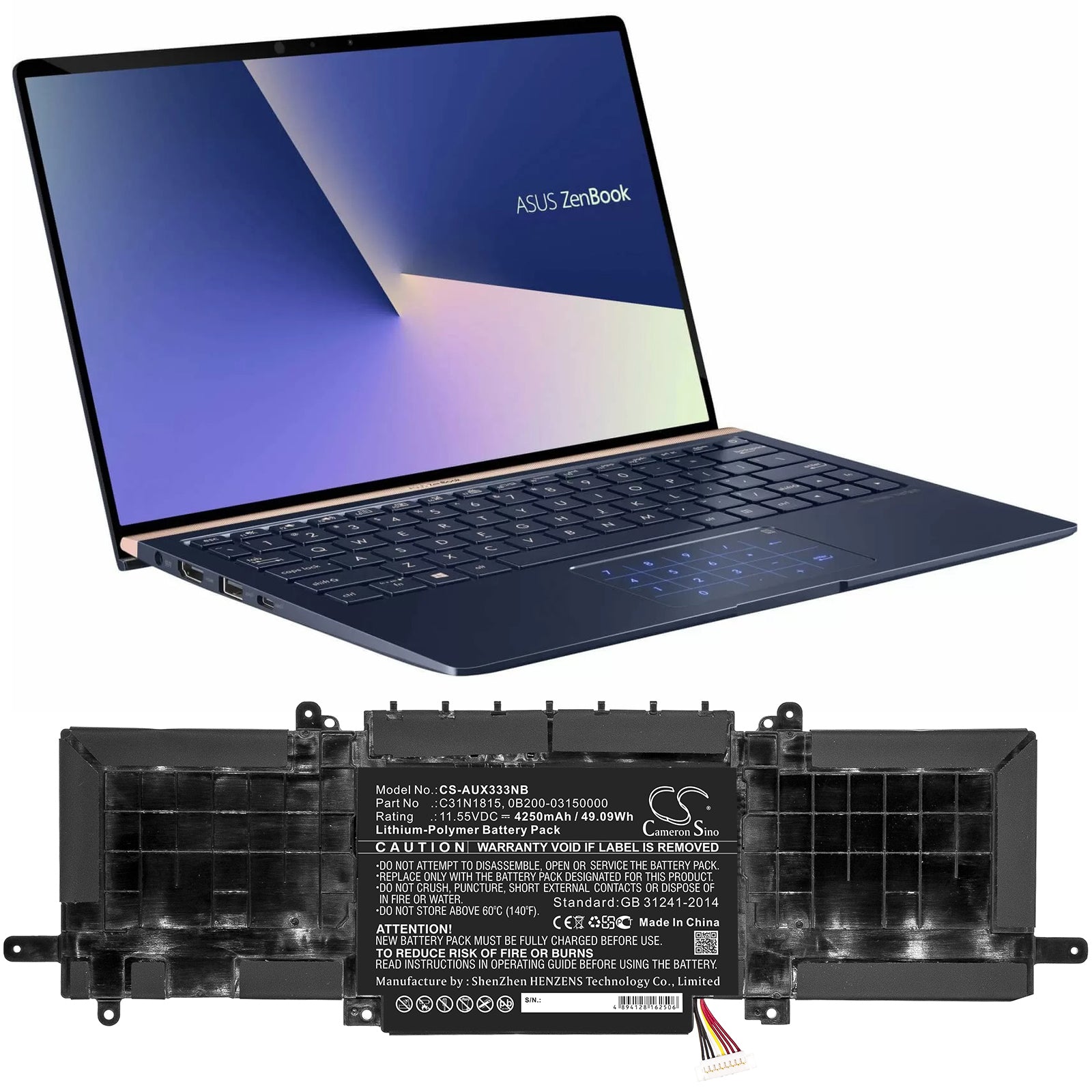 Li-Polymer Battery fits Asus, Bx333fn, Rx333fa 11.55V, 4250mAh Notebook & Laptop Cameron Sino Technology Limited