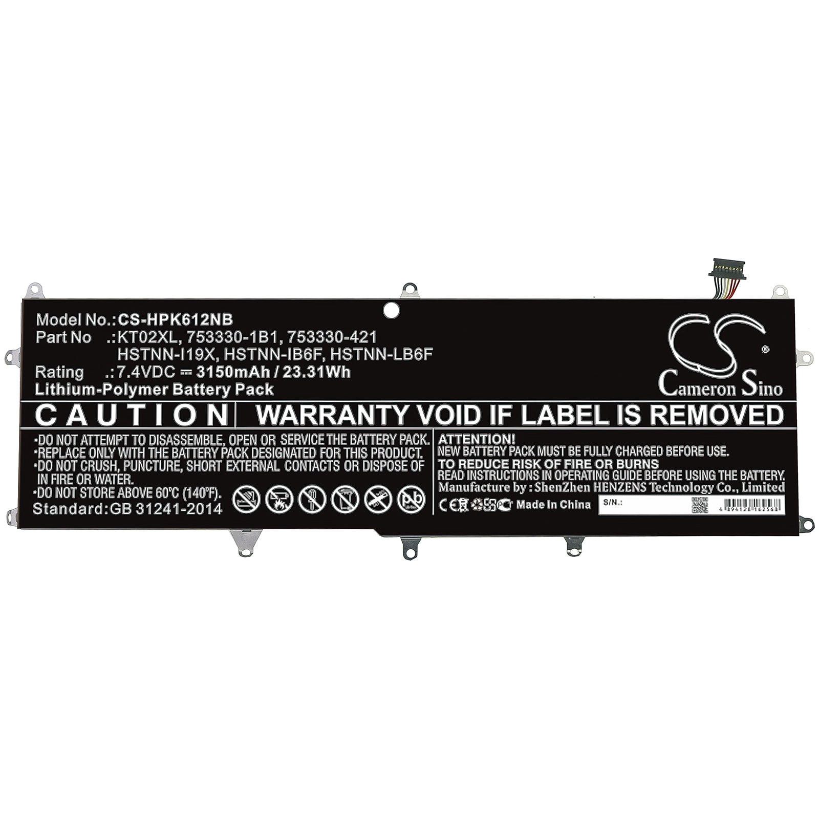 Li-Polymer Battery fits Hp, Pro X2 612 G1 Keyboard 7.4V, 3150mAh Notebook & Laptop Cameron Sino Technology Limited