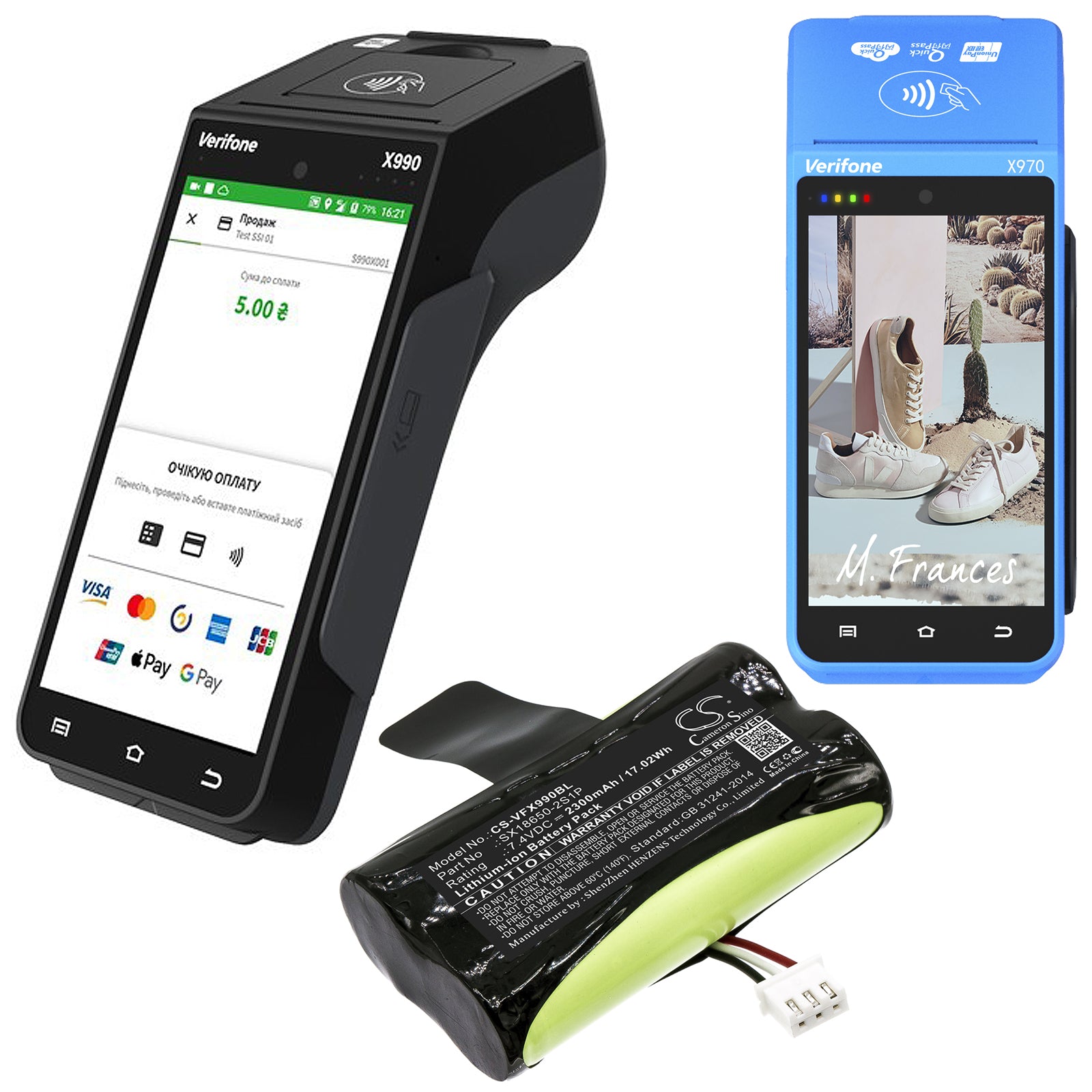 Li-ion Battery fits Verifone, X970, X990 7.4V, 2300mAh Payment Terminal Cameron Sino Technology Limited
