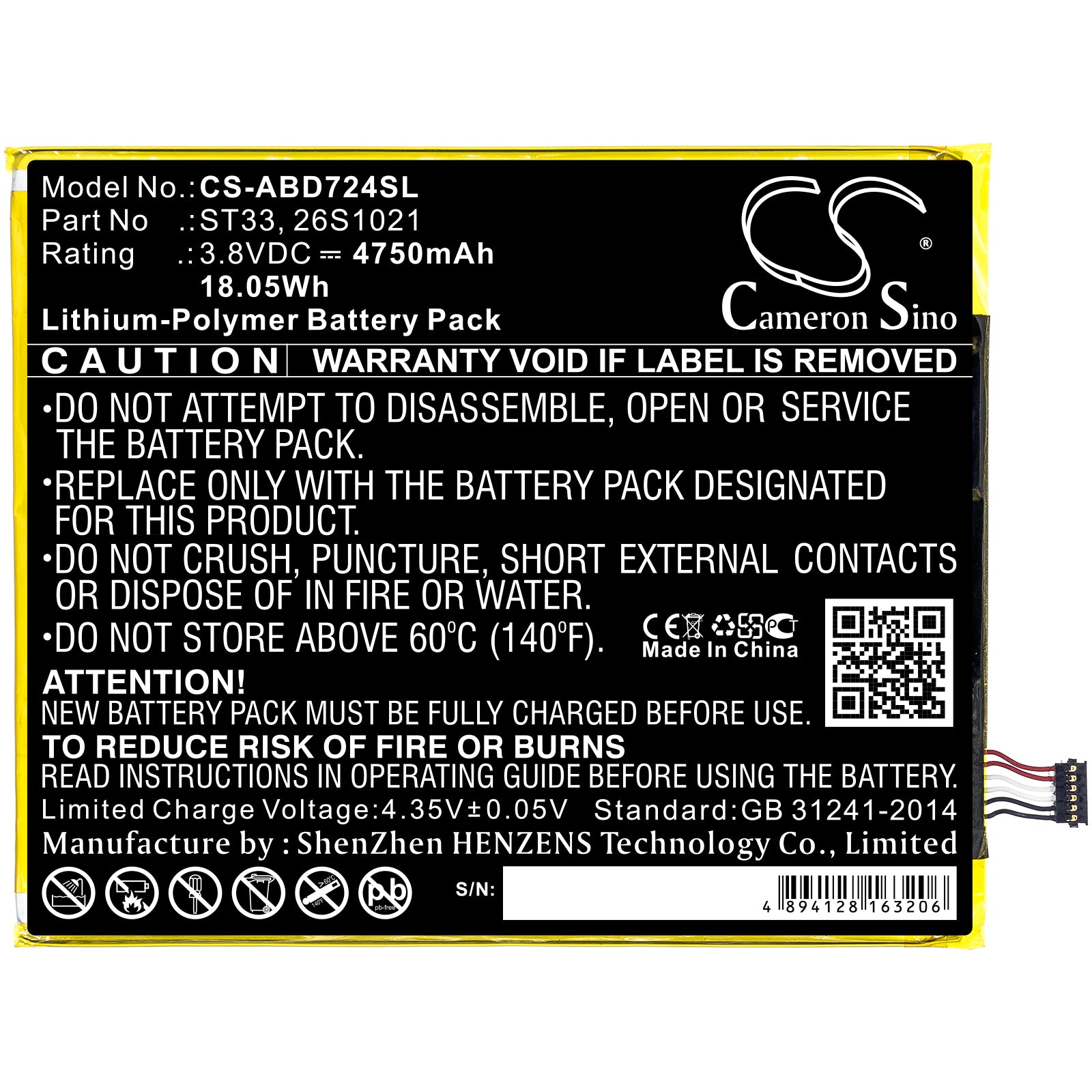Li-Polymer Battery fits Amazon, K72ll3, K72ll4 3.8V, 4750mAh Tablet Cameron Sino Technology Limited