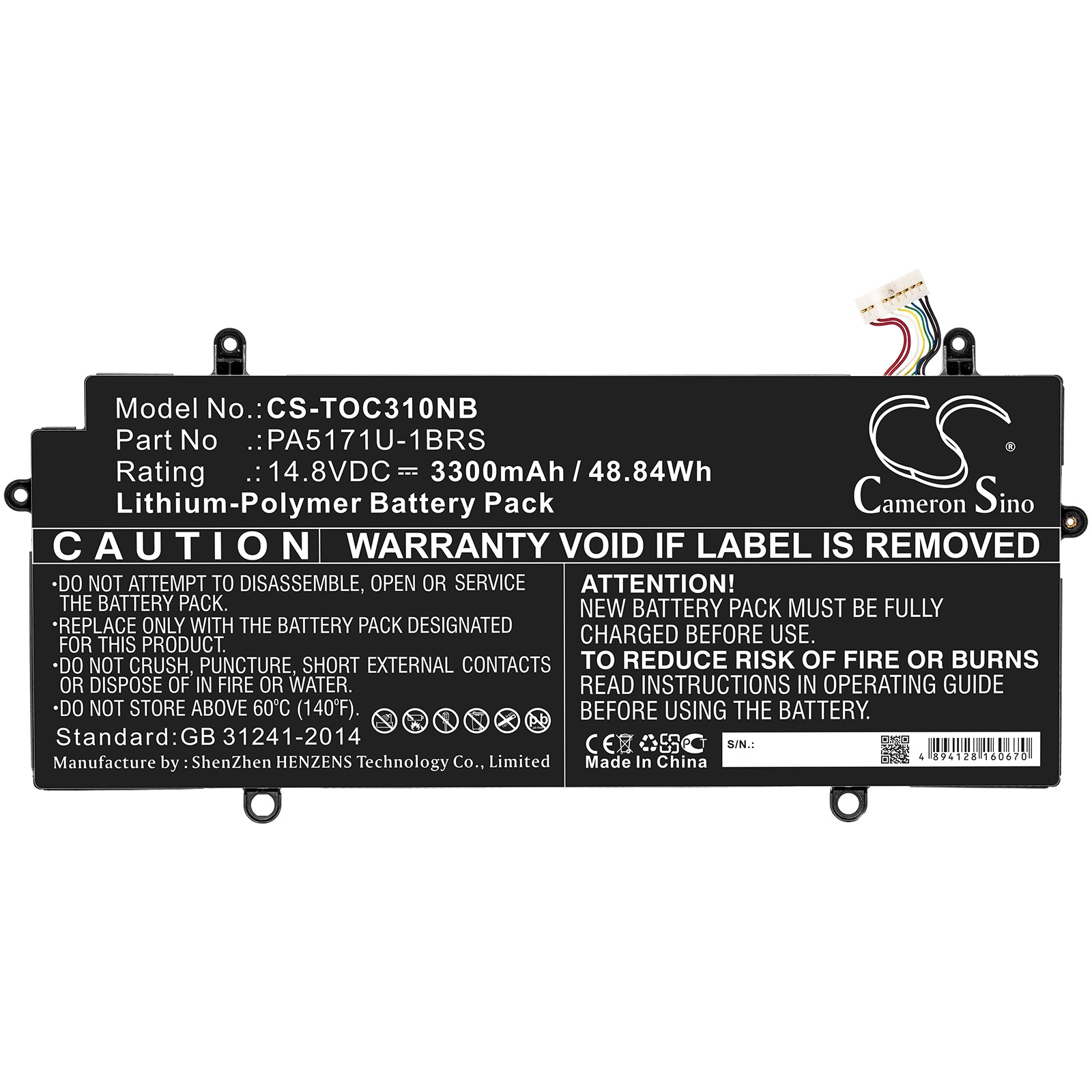 Li-ion Battery fits Toshiba, Pa5171u-1brs 14.8V, 3300mAh Notebook & Laptop Cameron Sino Technology Limited