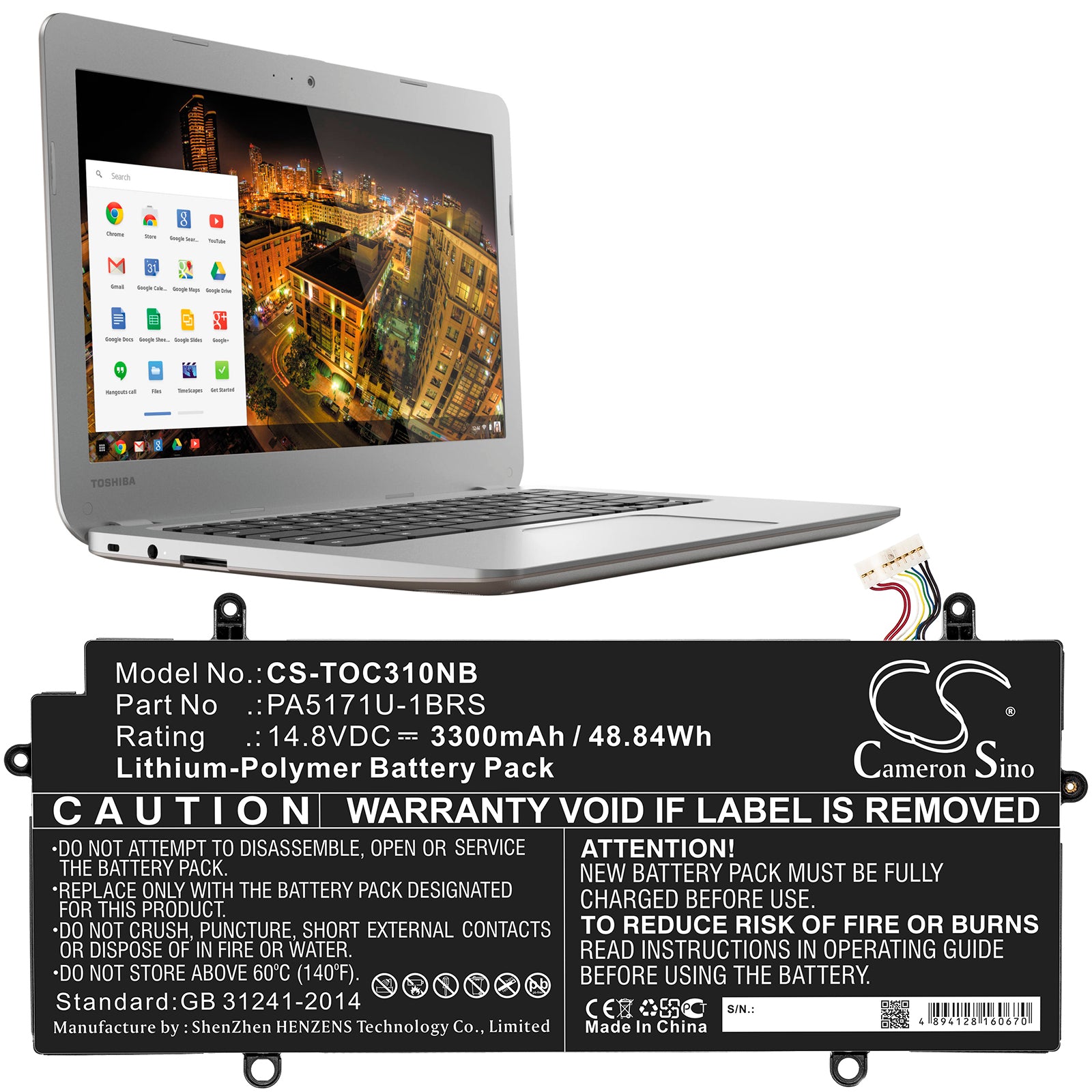 Li-ion Battery fits Toshiba, Pa5171u-1brs 14.8V, 3300mAh Notebook & Laptop Cameron Sino Technology Limited