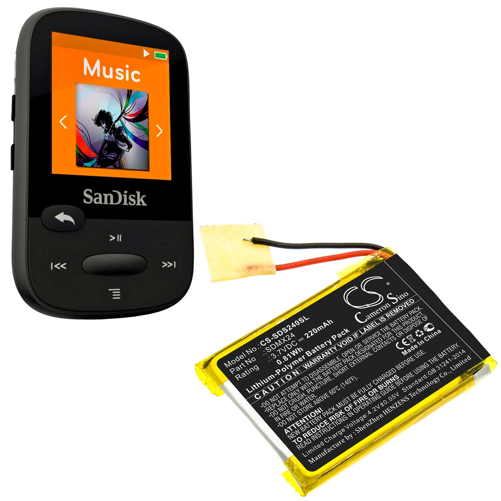 Li-Polymer Battery fits Sandisk, Sansa Clip Sport 3.7V, 220mAh Media Player Cameron Sino Technology Limited