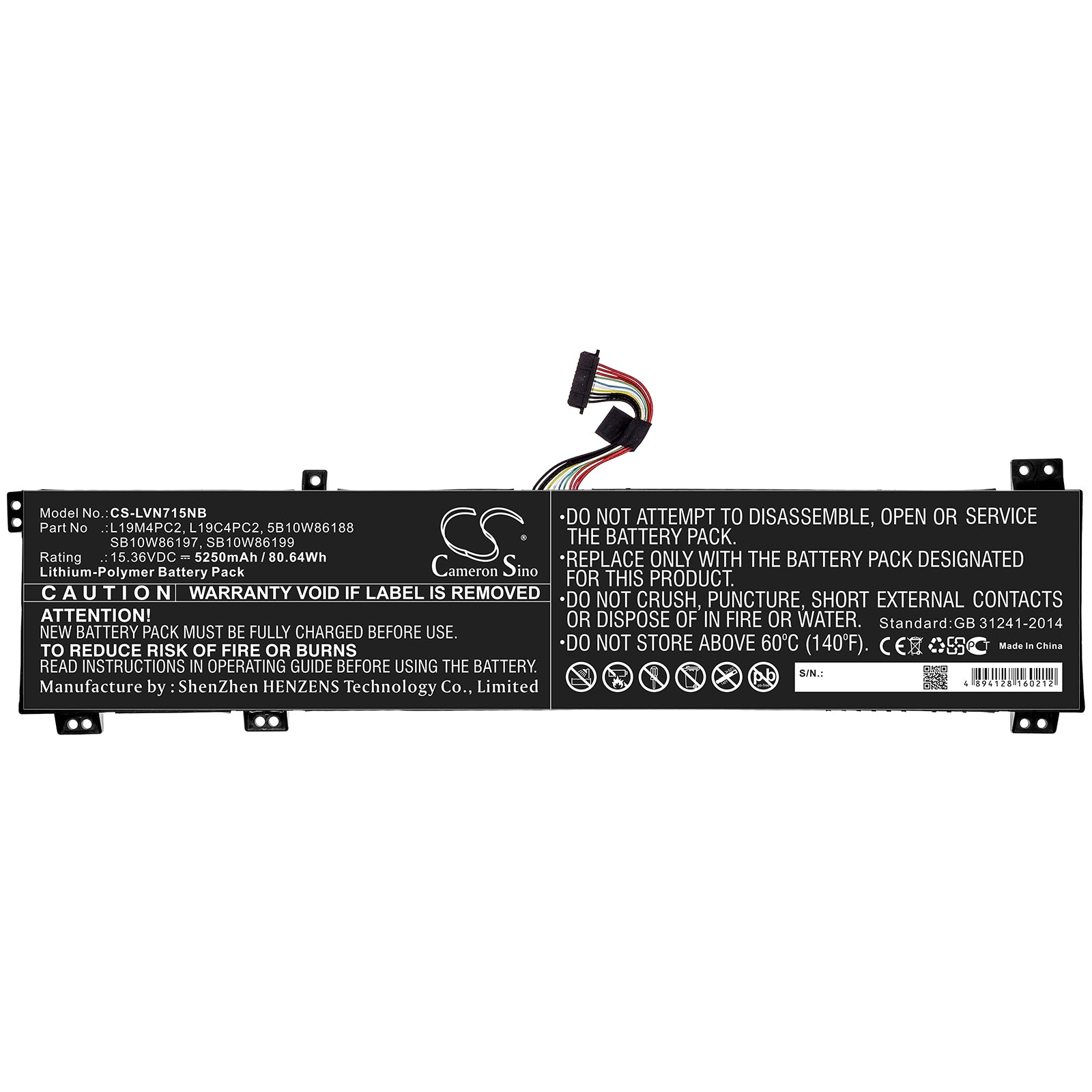 Li-ion Battery fits Lenovo, 5b10w86188, L19c4pc2, L19m4pc2, Sb10w86197, Sb10w86199 15.36V, 5250mAh Notebook & Laptop Cameron Sino Technology Limited