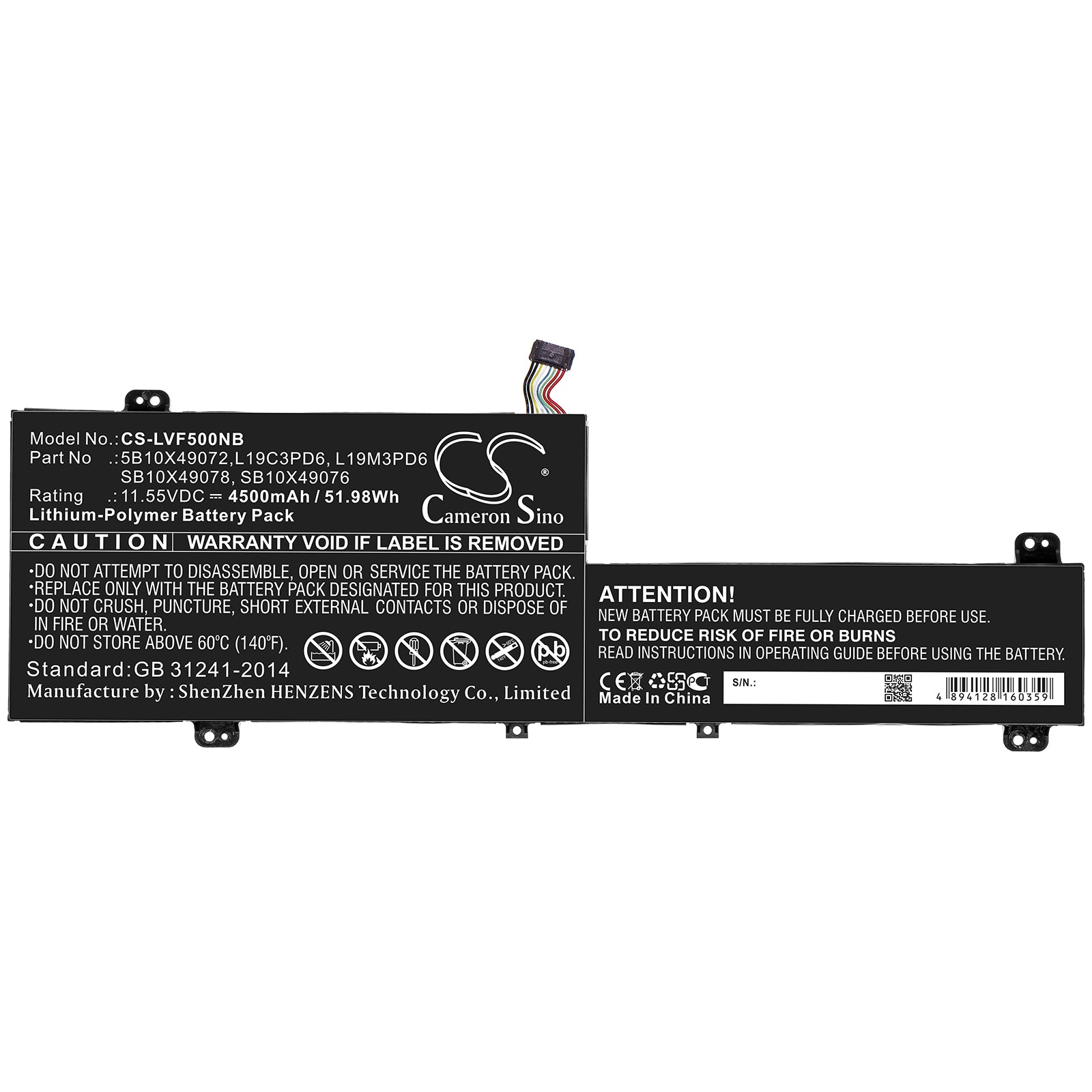 Li-ion Battery fits Lenovo, 5b10x49072, L19c3pd6, L19m3pd6, Sb10x49076, Sb10x49078 11.55V, 4500mAh Notebook & Laptop Cameron Sino Technology Limited