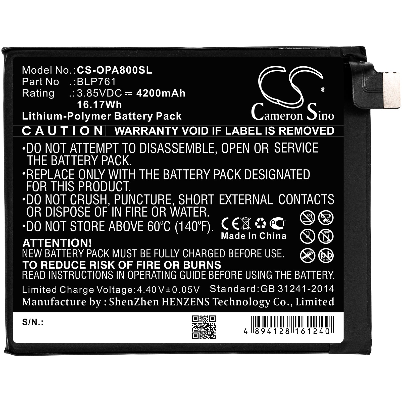 Li-Polymer Battery fits Oneplus, Blp761 3.85V, 4200mAh Mobile & SmartPhone Cameron Sino Technology Limited