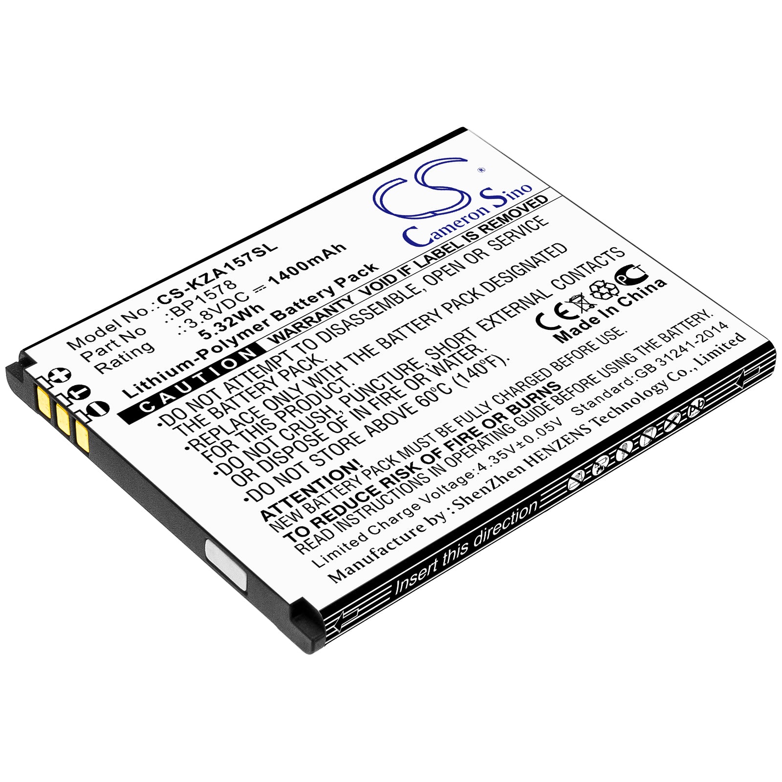 Li-ion Battery fits Kazuna, Bp1578 3.8V, 1400mAh Mobile & SmartPhone Cameron Sino Technology Limited