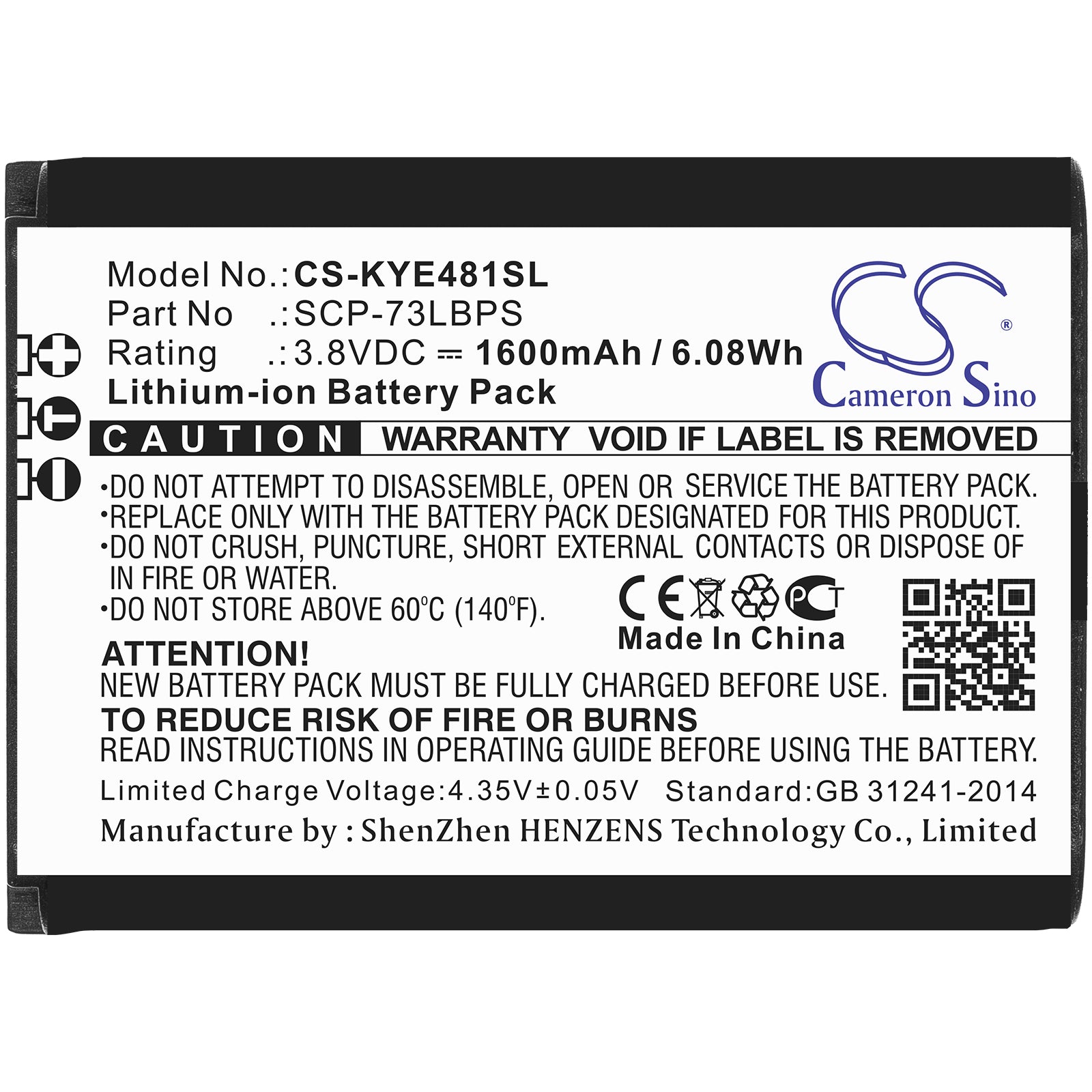 Li-ion Battery fits Kyocera, Duraxv Extreme, E4810 3.8V, 1600mAh Mobile & SmartPhone Cameron Sino Technology Limited