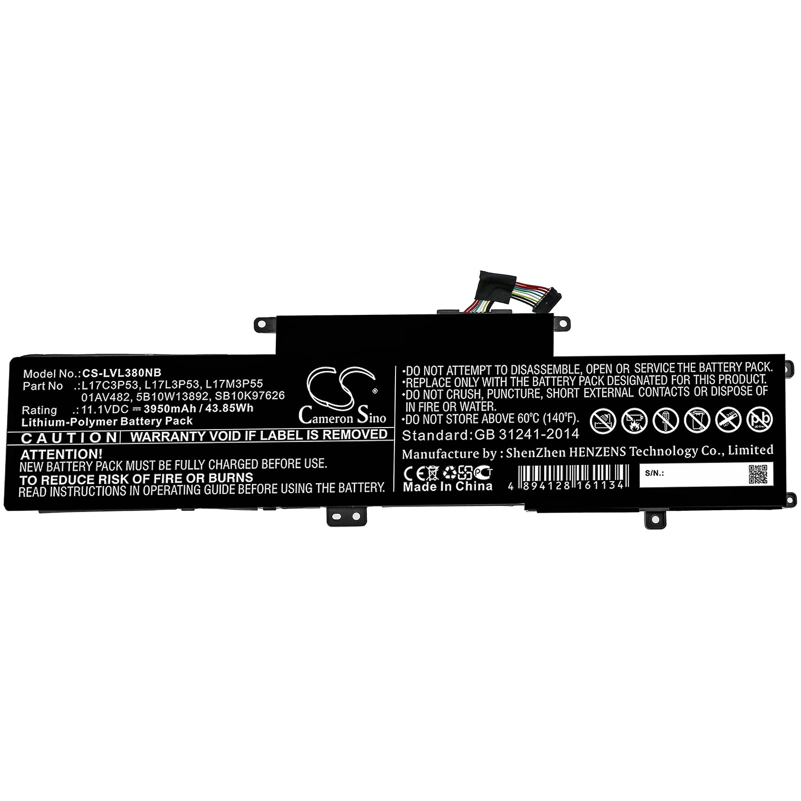 Li-ion Battery fits Lenovo, 01av482, 5b10w13892, L17m3p55, Sb10k97626, Sb10t83135 11.1V, 3950mAh Notebook & Laptop Cameron Sino Technology Limited