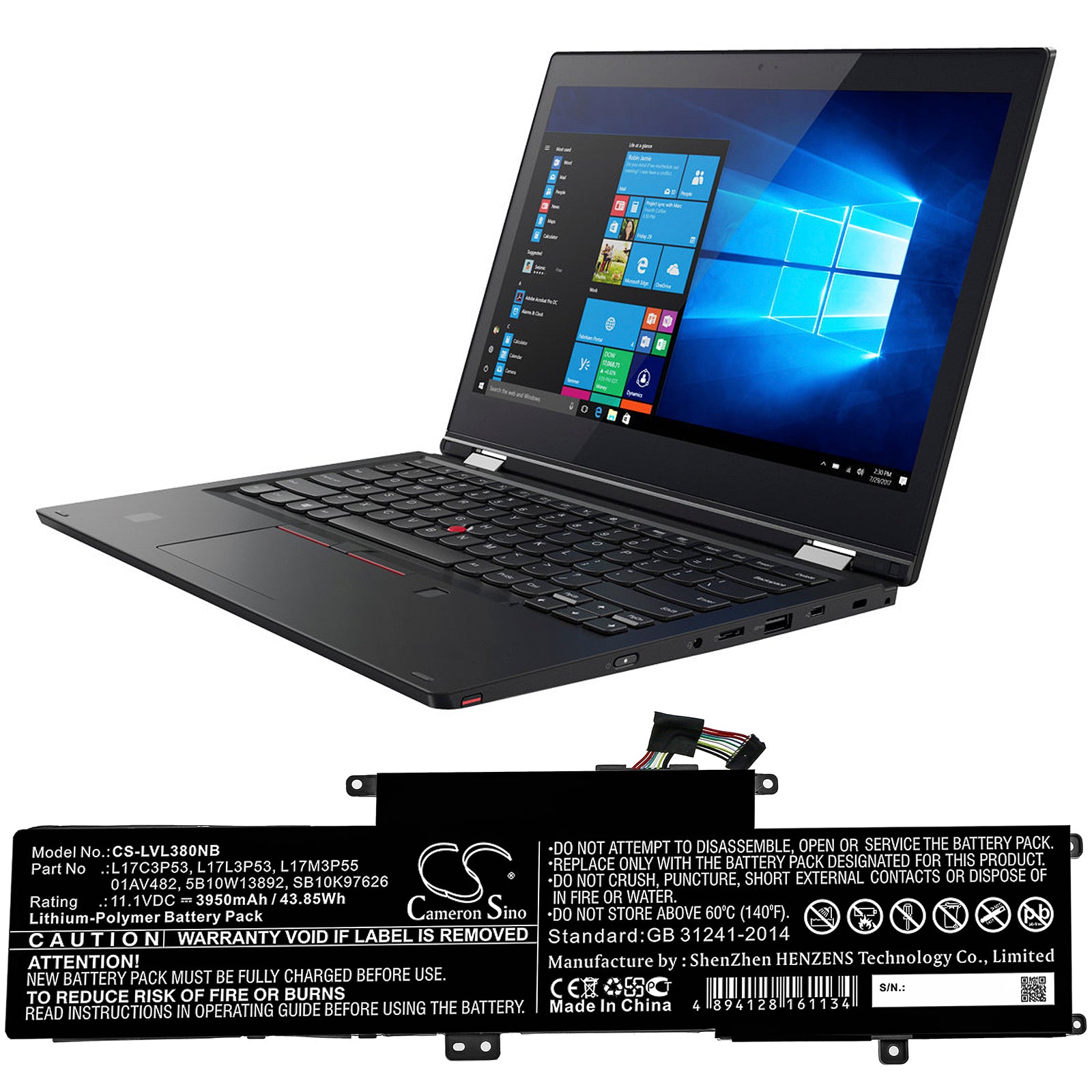 Li-ion Battery fits Lenovo, 01av482, 5b10w13892, L17m3p55, Sb10k97626, Sb10t83135 11.1V, 3950mAh Notebook & Laptop Cameron Sino Technology Limited