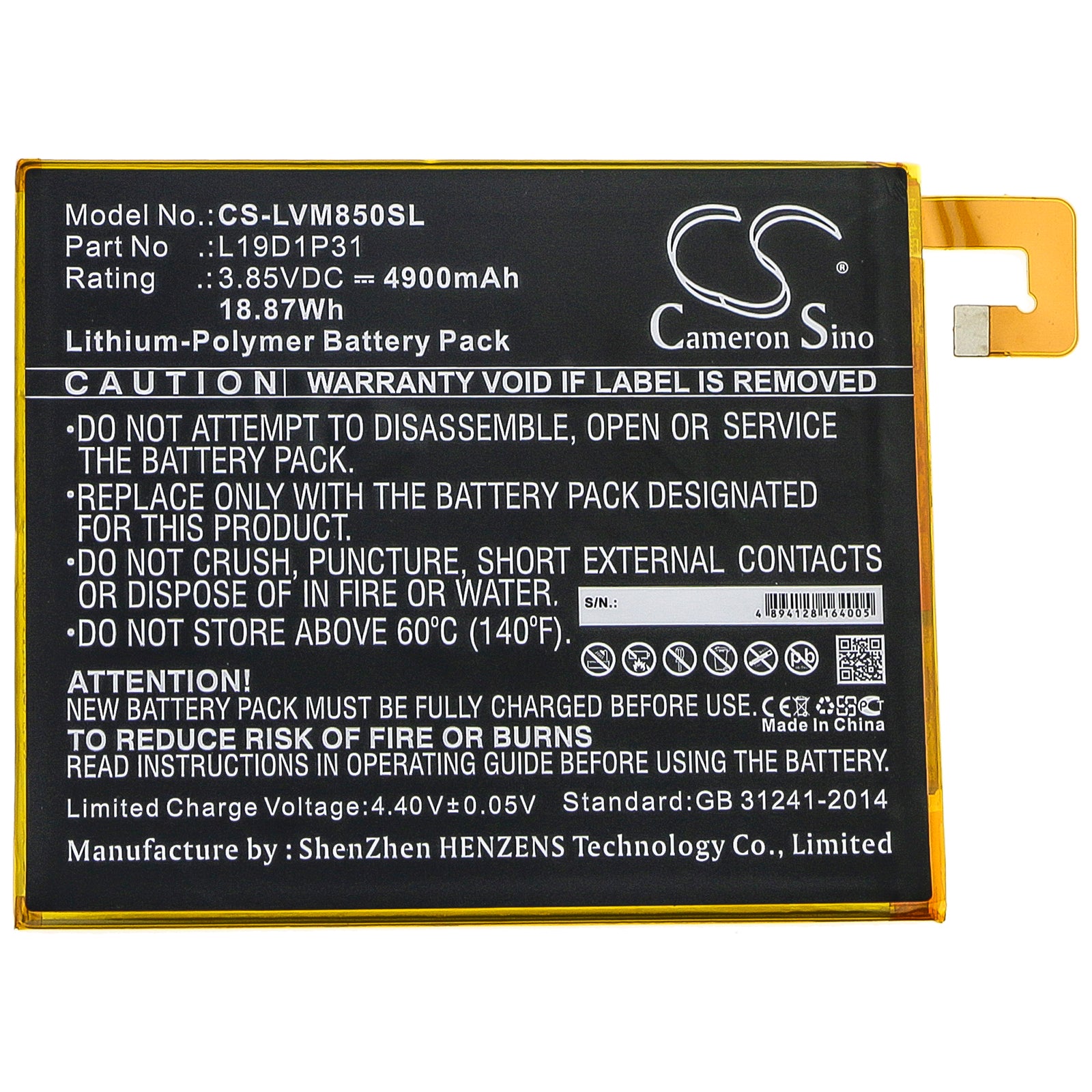 Li-Polymer Battery fits Lenovo, Tab M8, Tb8505f 3.85V, 4900mAh Tablet Cameron Sino Technology Limited