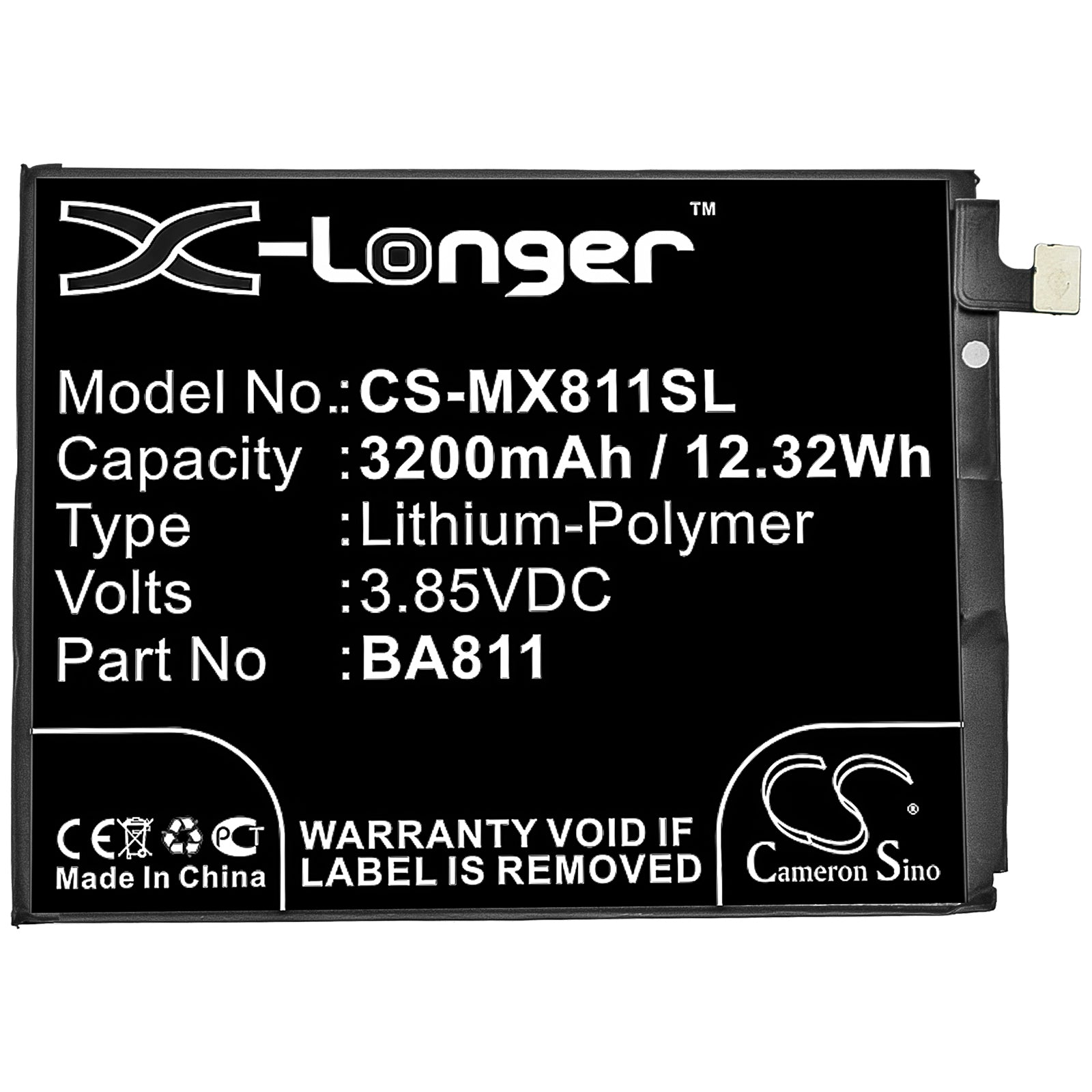 Li-Polymer Battery fits Meizu, Ba811 3.85V, 3200mAh Mobile & SmartPhone Cameron Sino Technology Limited