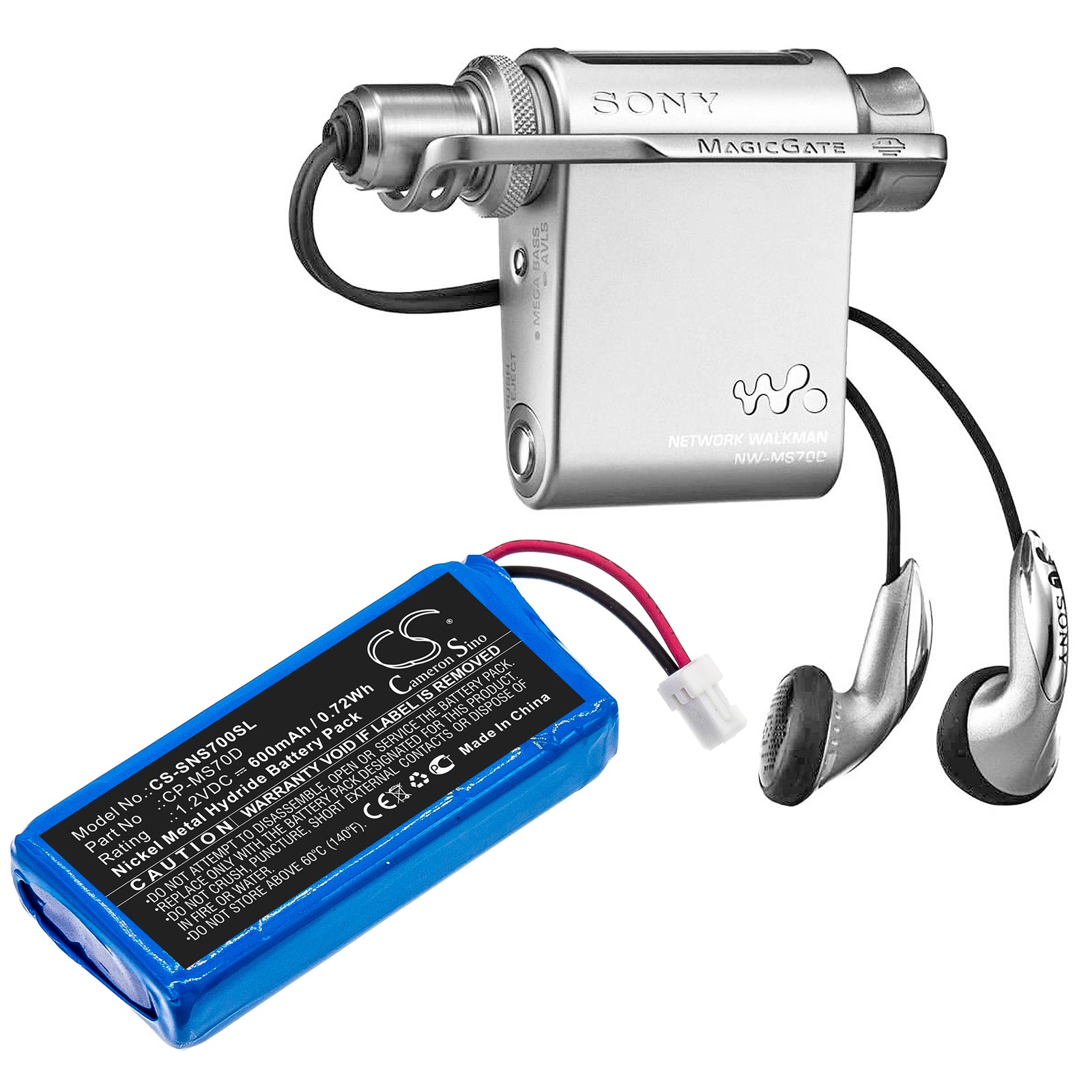 Ni-MH Battery fits Sony, Nw-ms90d, Walkman Nw-ms70d 1.2V, 600mAh Media Player Cameron Sino Technology Limited