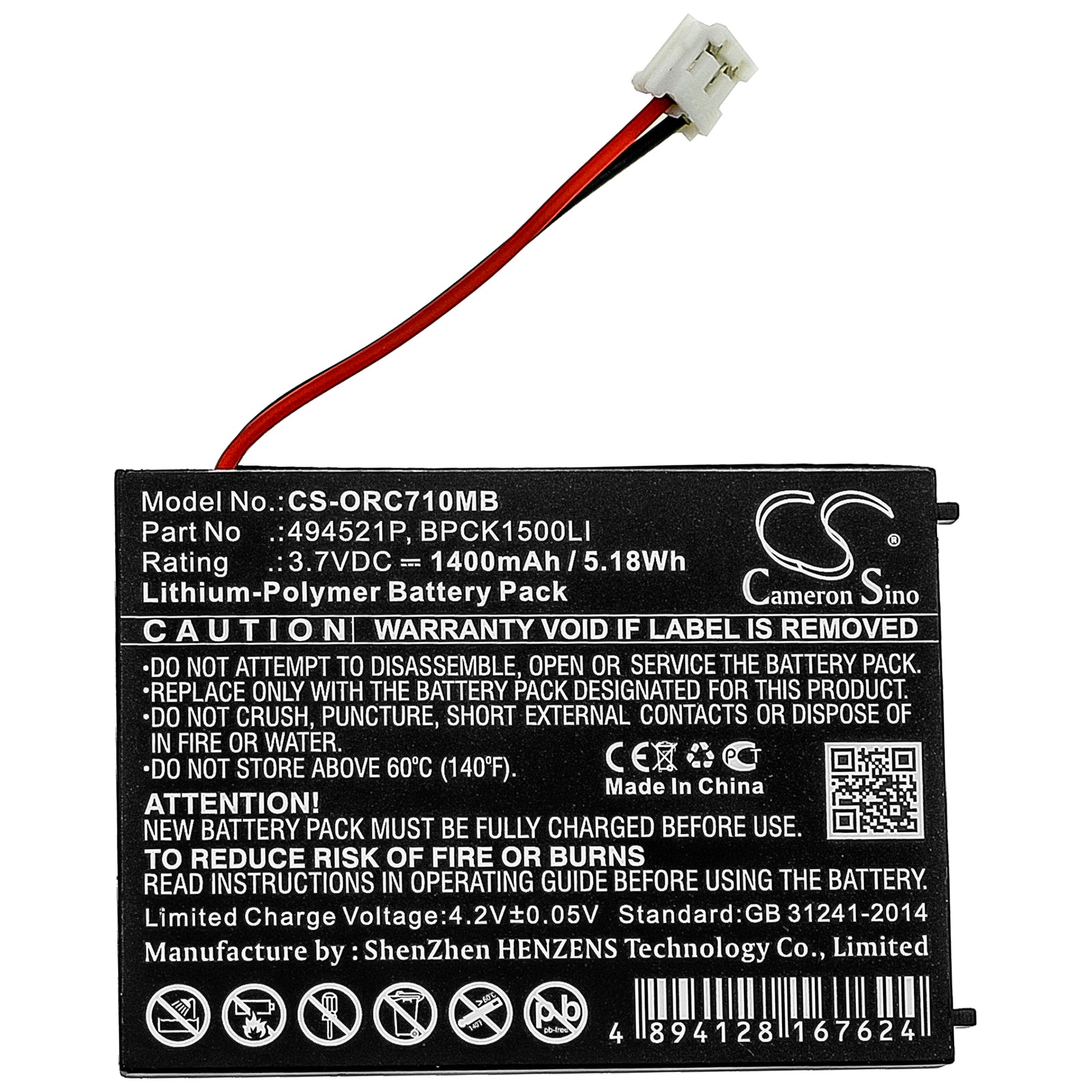 Li-Polymer Battery fits Audioline, Babysense 5 Video, Watch & Care V120 3.7V, 1400mAh BabyPhone Cameron Sino Technology Limited