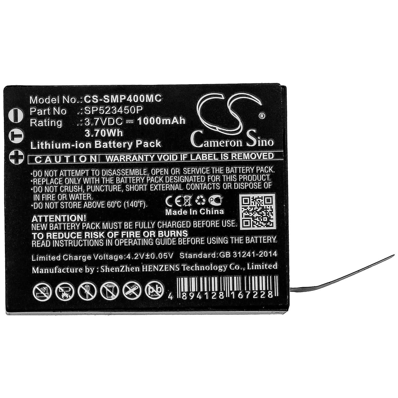 Li-ion Battery fits Supremo, 4k Plus 3.7V, 1000mAh Camera Cameron Sino Technology Limited