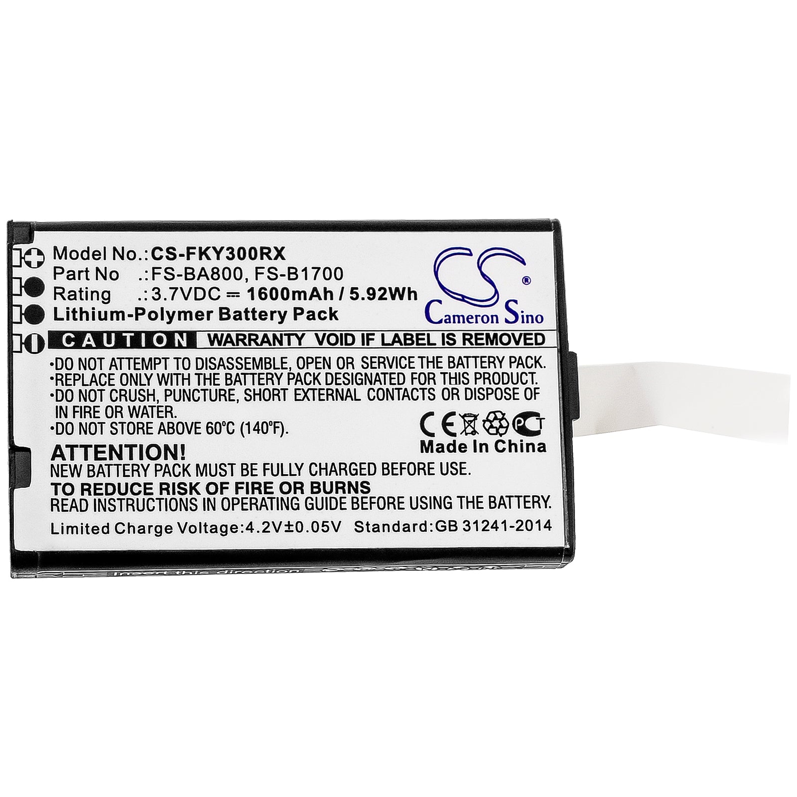 Li-Polymer Battery fits Flysky, Fa605, Fs-gt2b, Fs-gt3b 3.7V, 1600mAh Remote Controller Cameron Sino Technology Limited