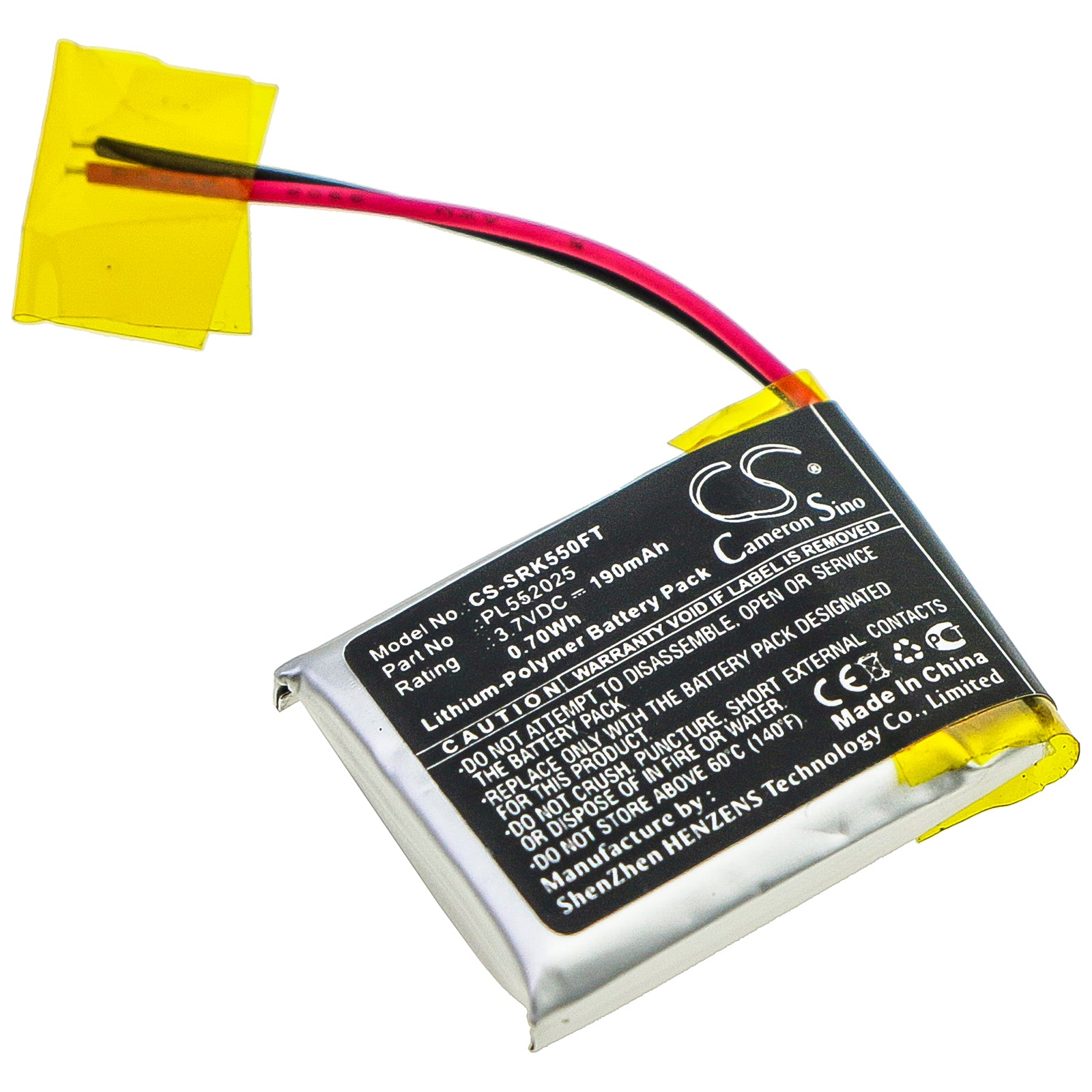 Li-Polymer Battery fits Shark, 550r 3.7V, 190mAh Flashlight Cameron Sino Technology Limited