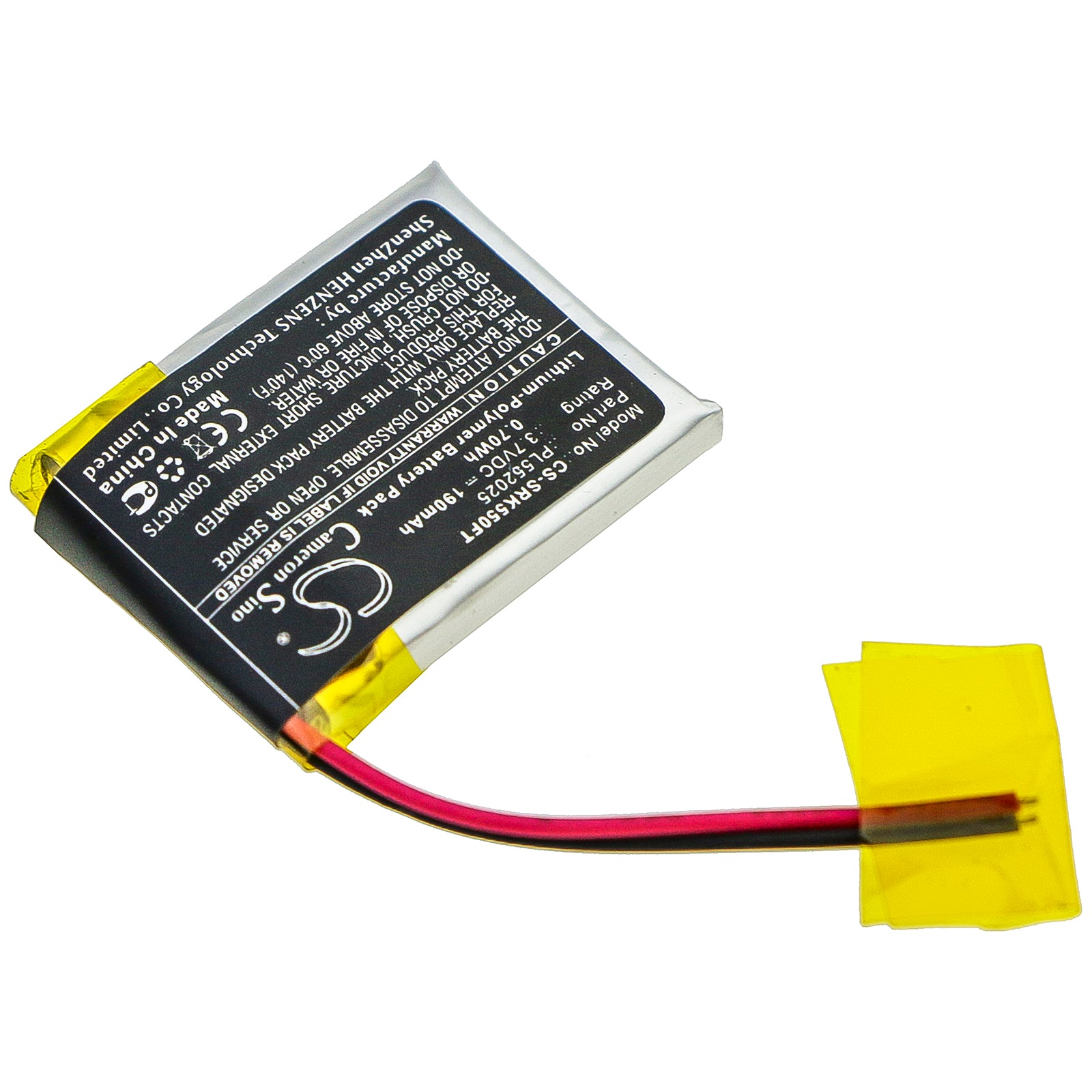 Li-Polymer Battery fits Shark, 550r 3.7V, 190mAh Flashlight Cameron Sino Technology Limited