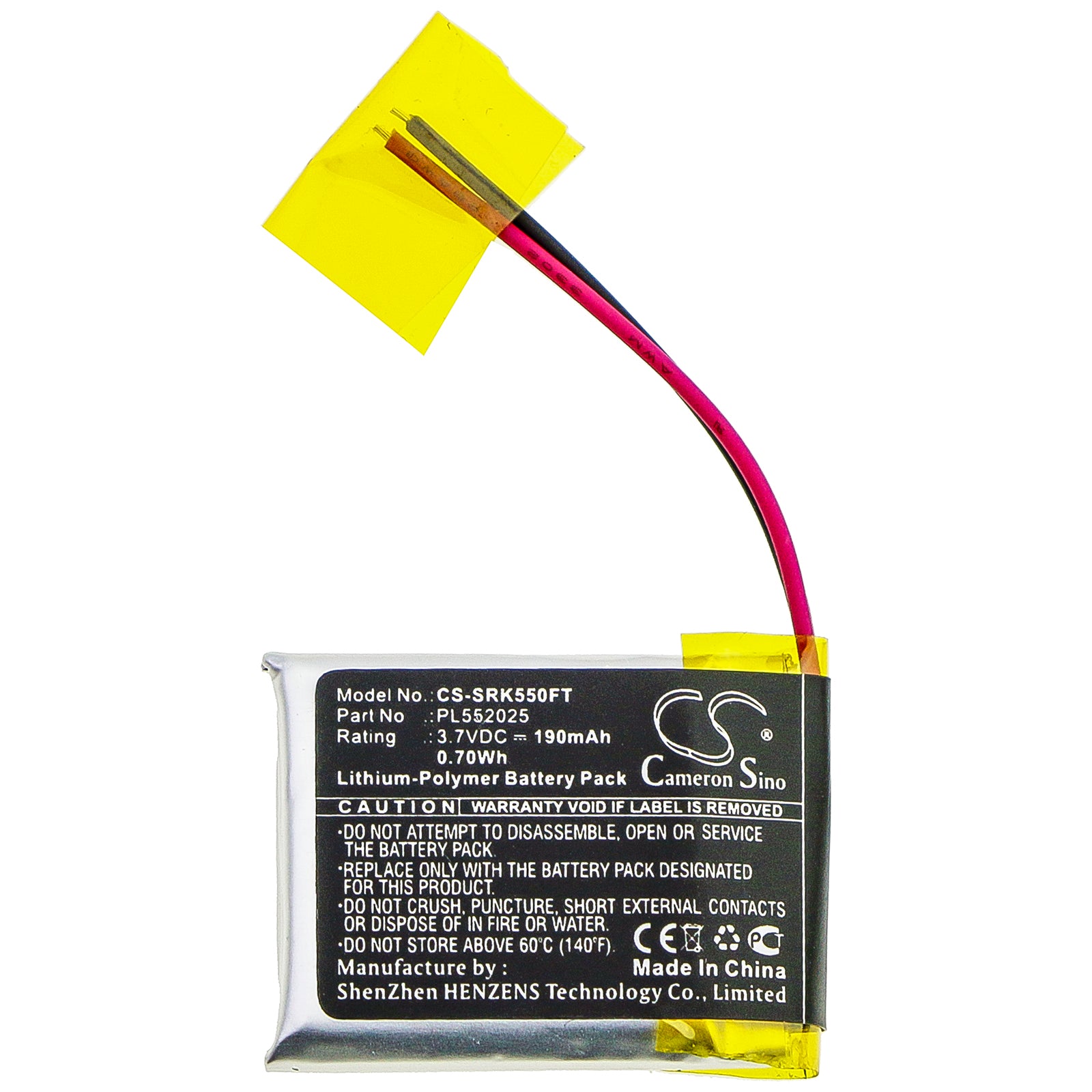 Li-Polymer Battery fits Shark, 550r 3.7V, 190mAh Flashlight Cameron Sino Technology Limited
