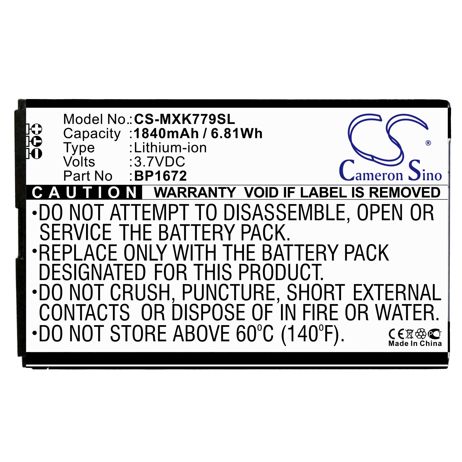 Li-ion Battery fits Moxee, K779, K779hsdg_p 3.7V, 1840mAh Hotspot Cameron Sino Technology Limited