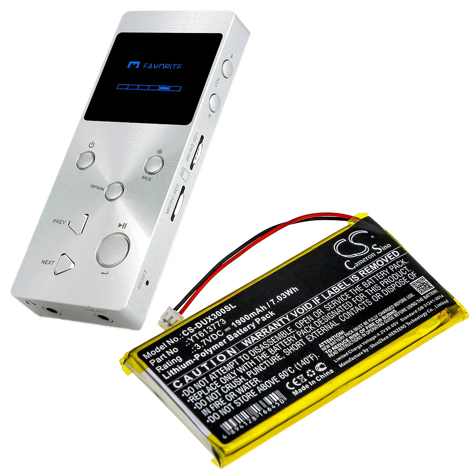 Li-Polymer Battery fits Xduoo, X3 3.7V, 1900mAh Media Player Cameron Sino Technology Limited