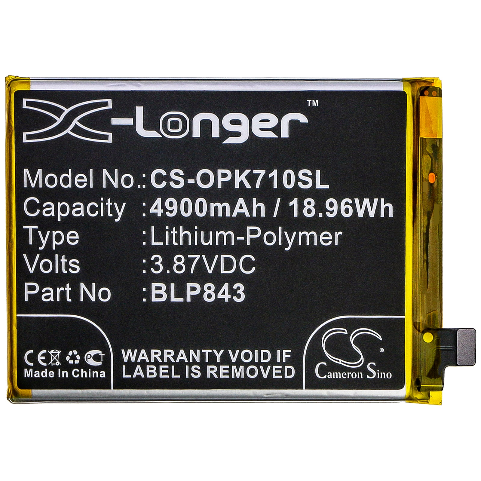 Li-Polymer Battery fits Oppo, K7x, K7x 2020 5g, Perm00 3.87V, 4900mAh Mobile & SmartPhone Cameron Sino Technology Limited