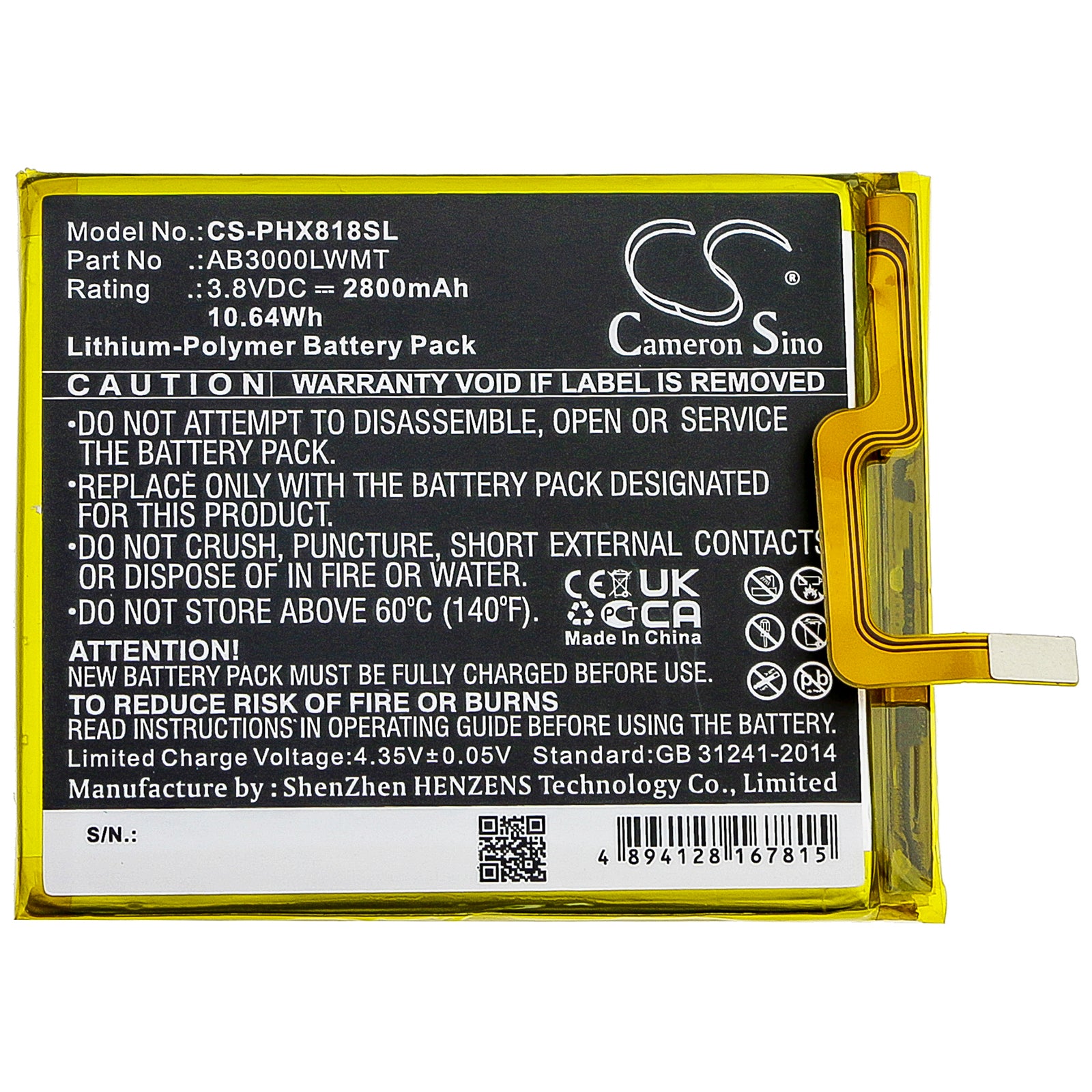Li-Polymer Battery fits Philips, Xenium X818 3.8V, 2800mAh Mobile & SmartPhone Cameron Sino Technology Limited