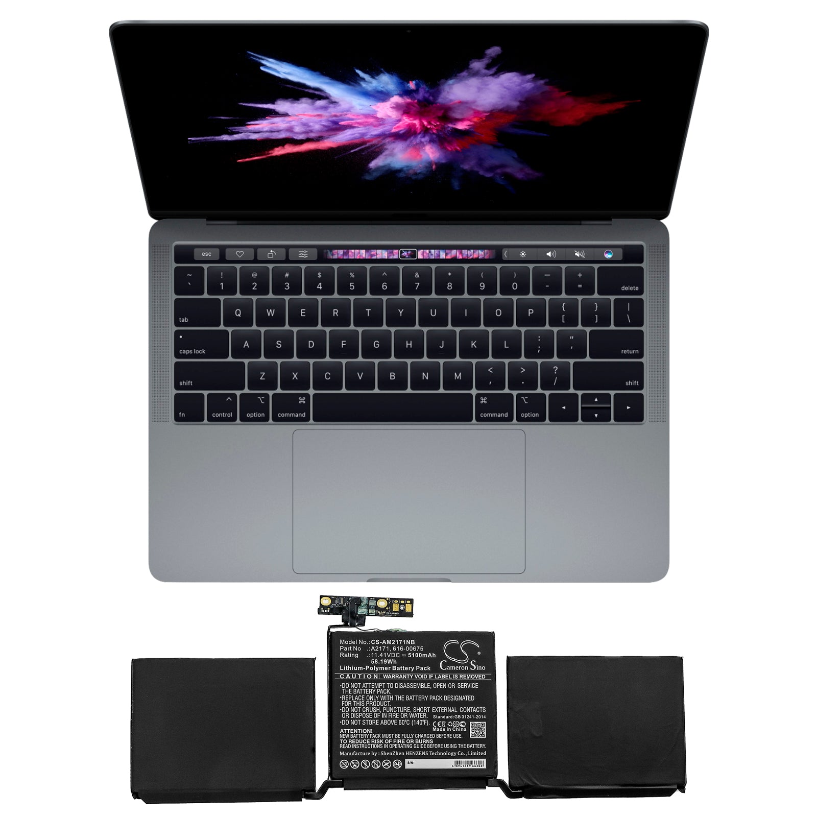 Li-Polymer Battery fits Apple, Macbook Pro 13 Inch Two Thunderbolt 3, Macbook Pro Emc 3301 11.41V, 5100mAh Notebook & Laptop Cameron Sino Technology Limited