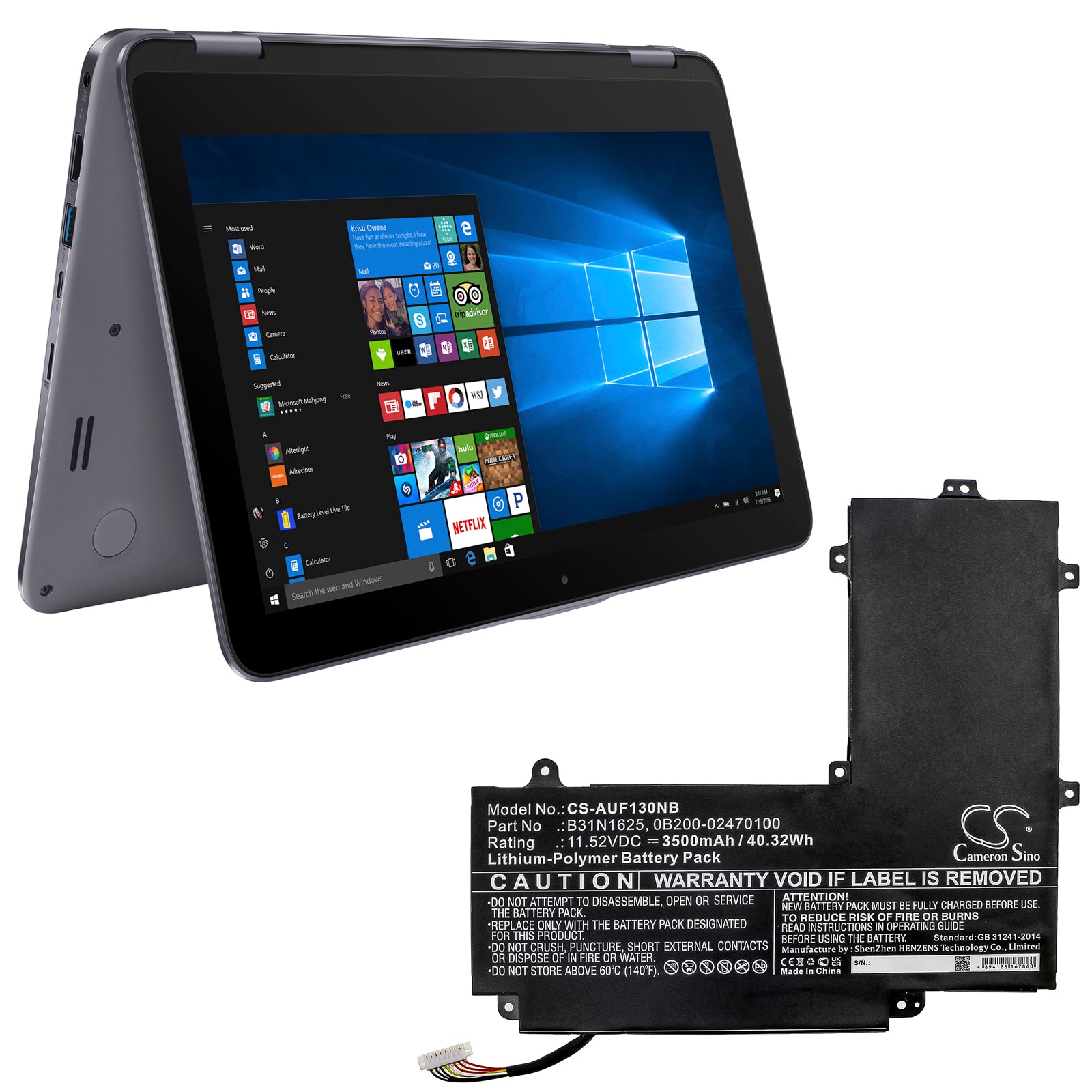 Li-Polymer Battery fits Asus, Tp203mah, Tp203mah-1e, Tp203mah-1g 11.52V, 3500mAh Notebook & Laptop Cameron Sino Technology Limited
