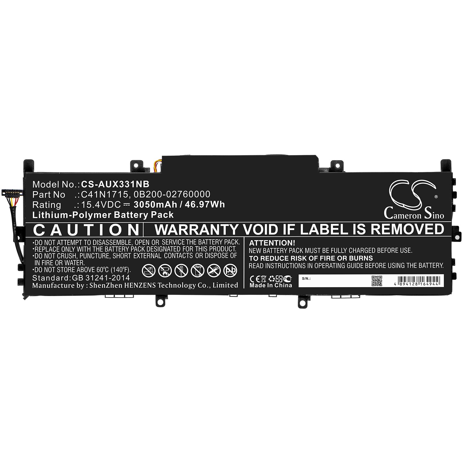 Li-Polymer Battery fits Asus, U3100fn, U3100un, Ux331fn 15.4V, 3050mAh Notebook & Laptop Cameron Sino Technology Limited