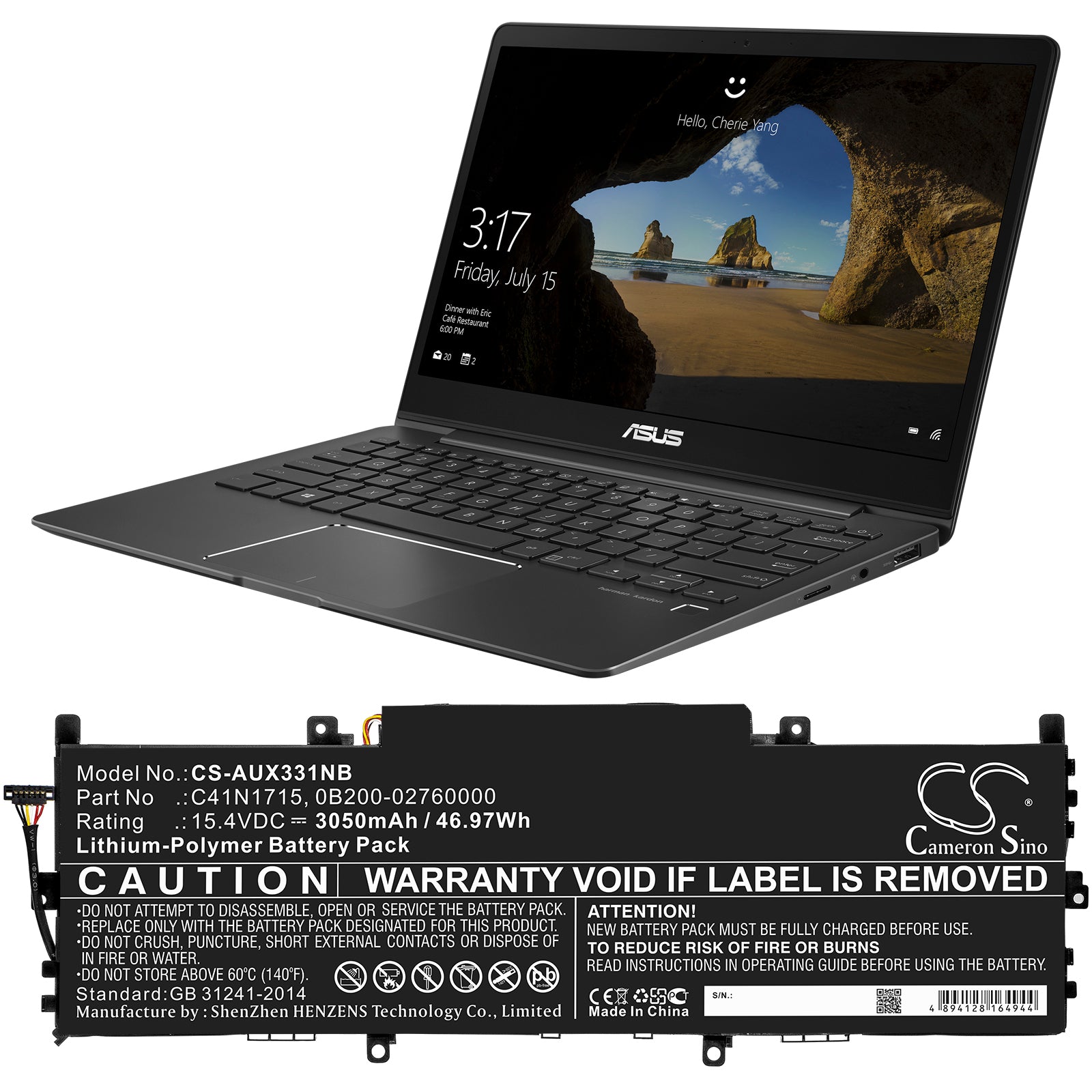 Li-Polymer Battery fits Asus, U3100fn, U3100un, Ux331fn 15.4V, 3050mAh Notebook & Laptop Cameron Sino Technology Limited