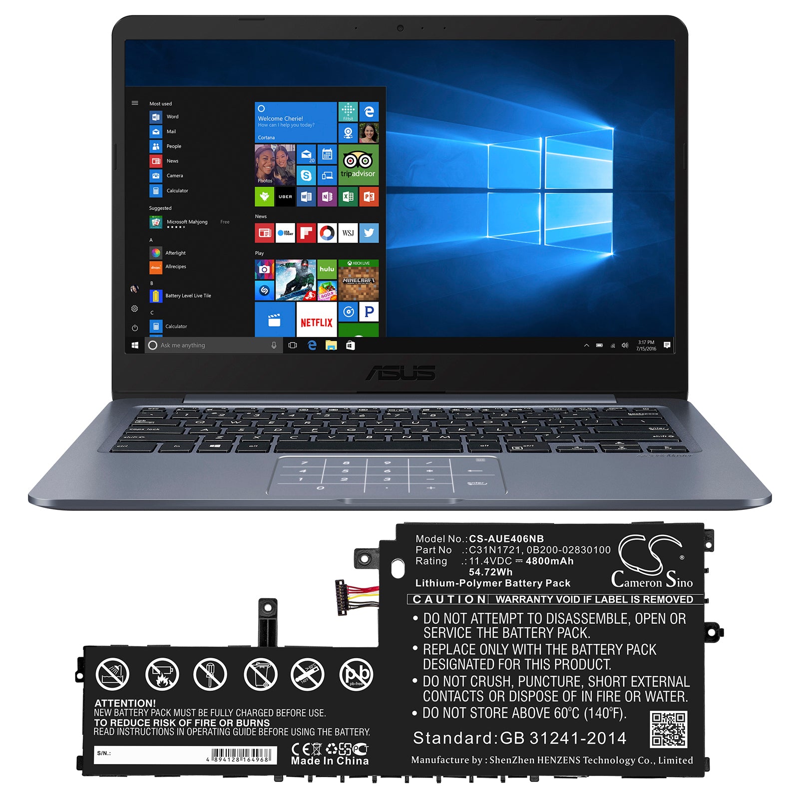 Li-Polymer Battery fits Asus, E406ma, E406ma-0073gn5000, E406ma-0091bn5000 11.4V, 4800mAh Notebook & Laptop Cameron Sino Technology Limited