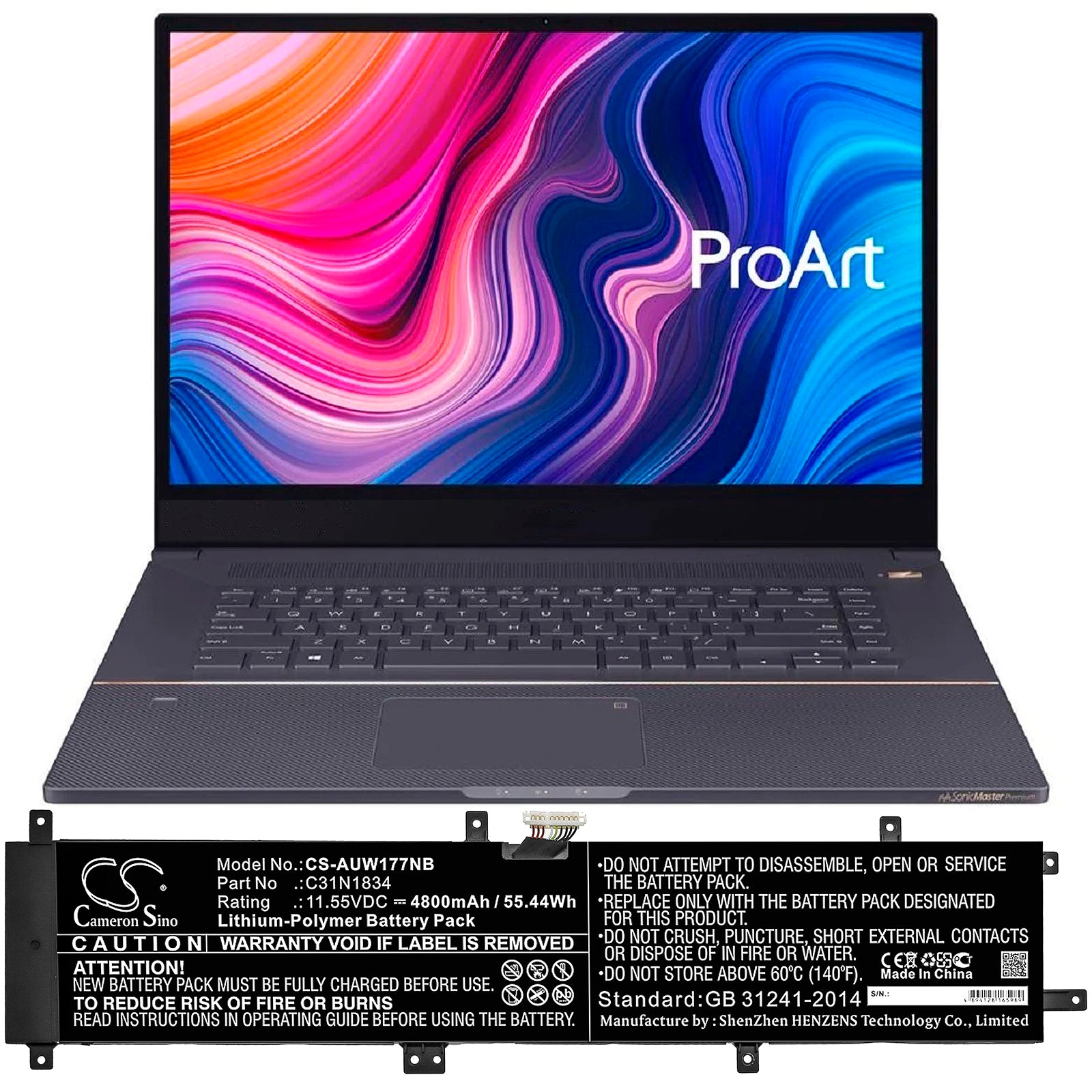 Li-Polymer Battery fits Asus, Proart Studiobook 17 H700gv, Proart Studiobook 17 W700g2t 11.55V, 4800mAh Notebook & Laptop Cameron Sino Technology Limited